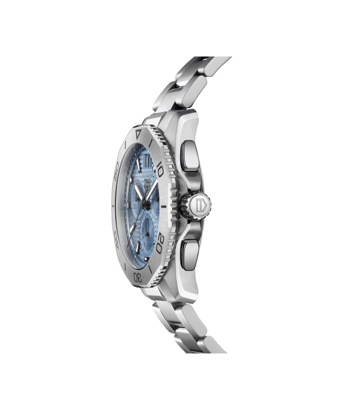 Side profile of the TAG Heuer Aquaracer Professional 200 Chronograph CBP1112.BA0627 showing fine-brushed/polished steel case and turning bezel