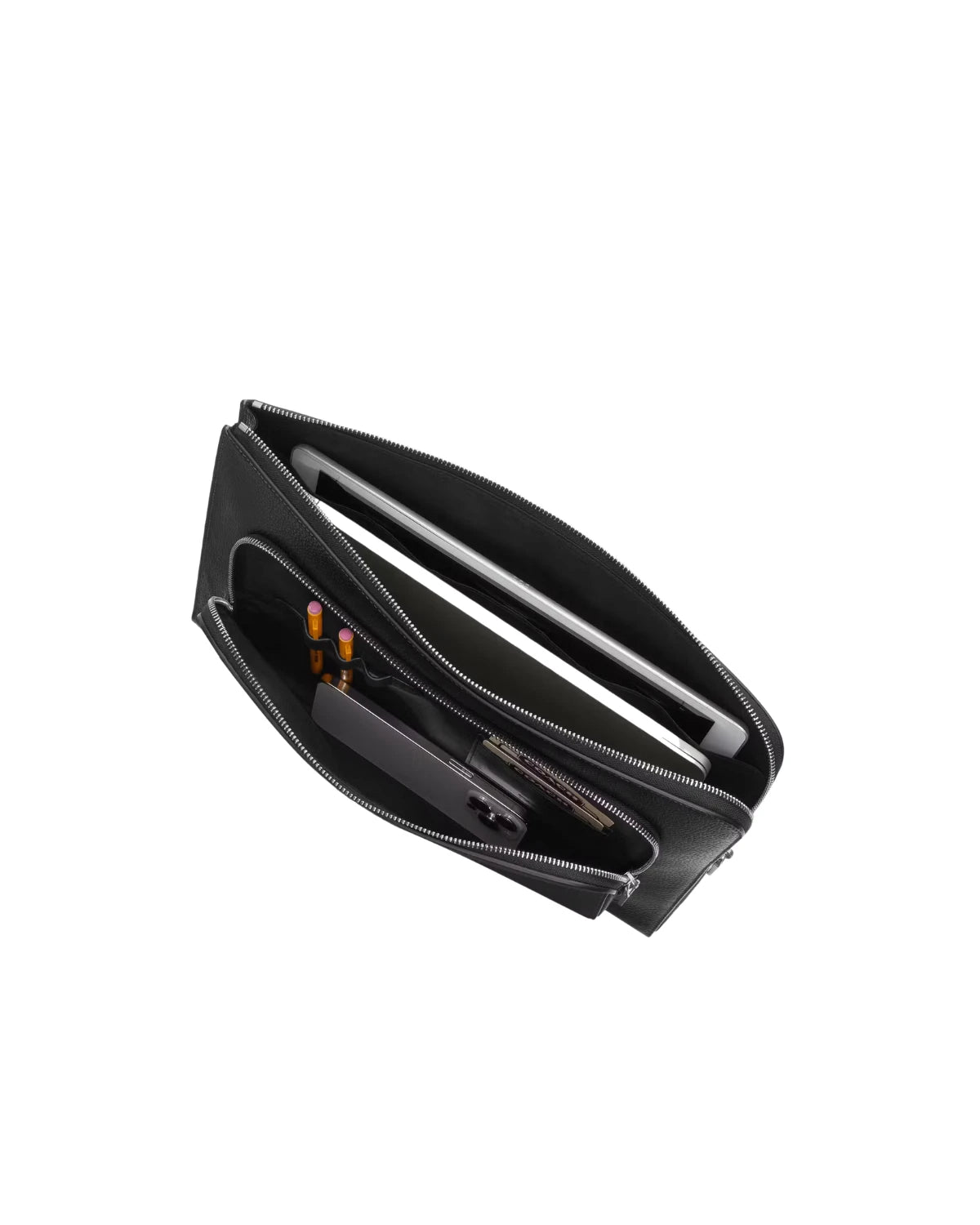 Interior view of the Coach Ethan Portfolio CU113 showing pen holders, credit card slots, and multifunction pocket