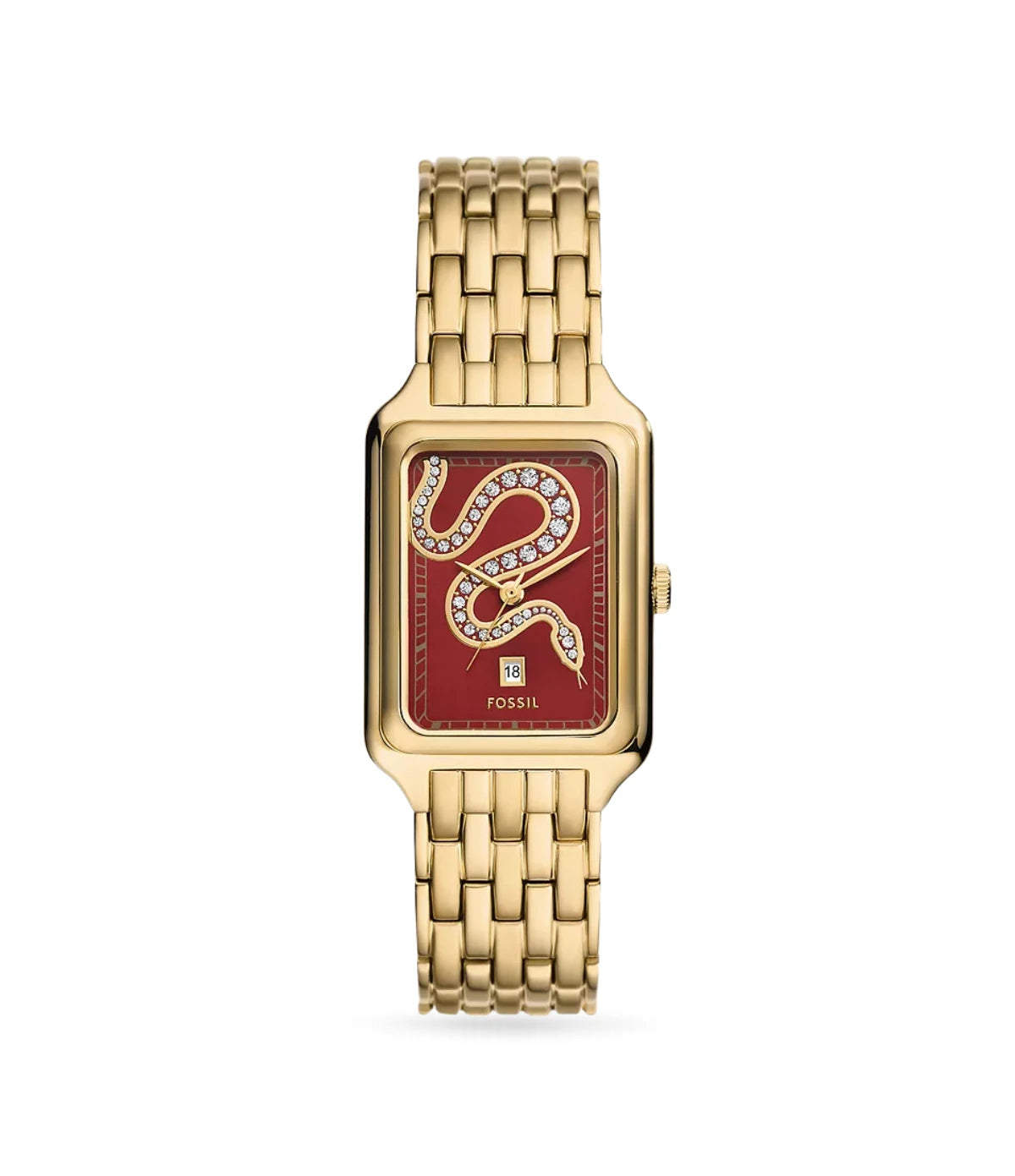 Fossil Raquel 26mm Three-Hand Date Lunar New Year Snake Gold-Tone Stainless Steel Watch ES5379 front view - women's rectangular gold-tone watch with red dial and crystal snake, available in Sri Lanka at TimeVault