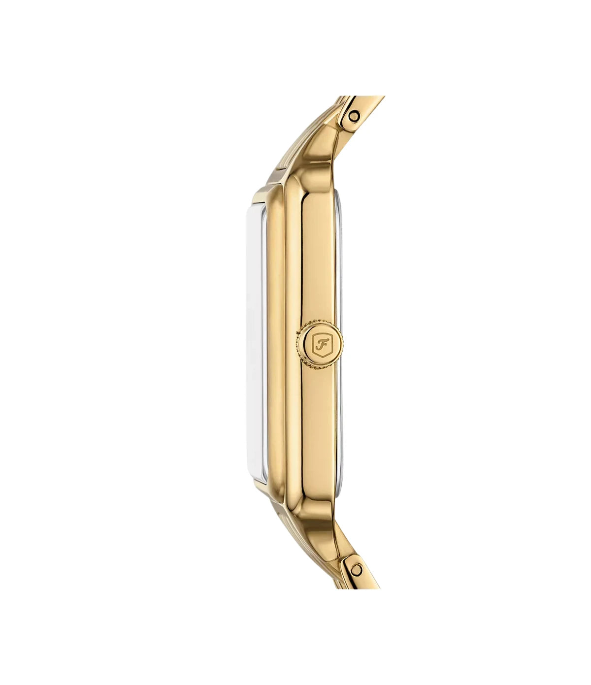 Side profile of the Fossil Raquel ES5379 showing the slim rectangular gold-tone stainless steel case and 7-link bracelet