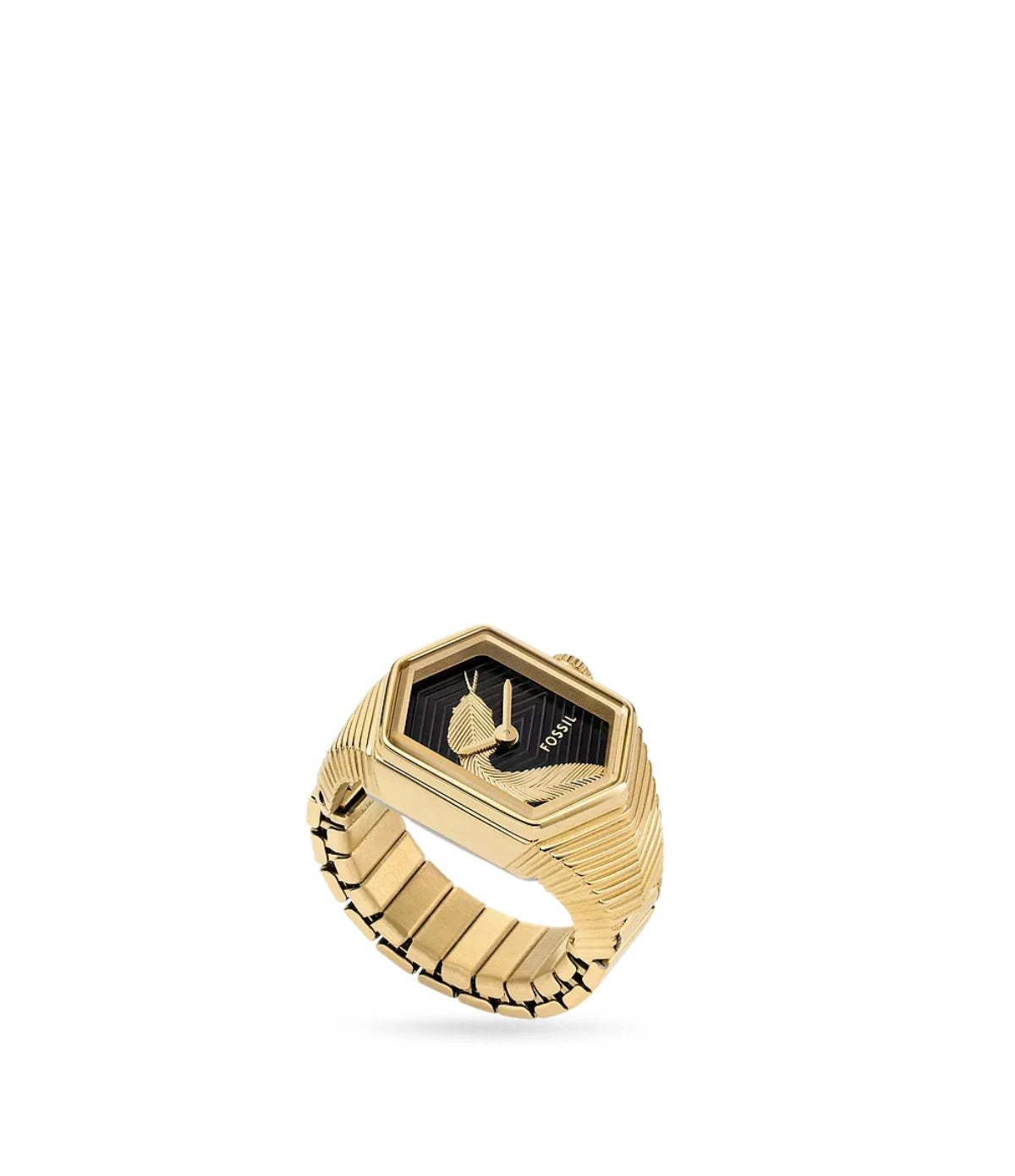 Side profile of the Fossil Watch Ring ES5382 showing the 15mm gold-tone stainless steel case and flexible expansion band
