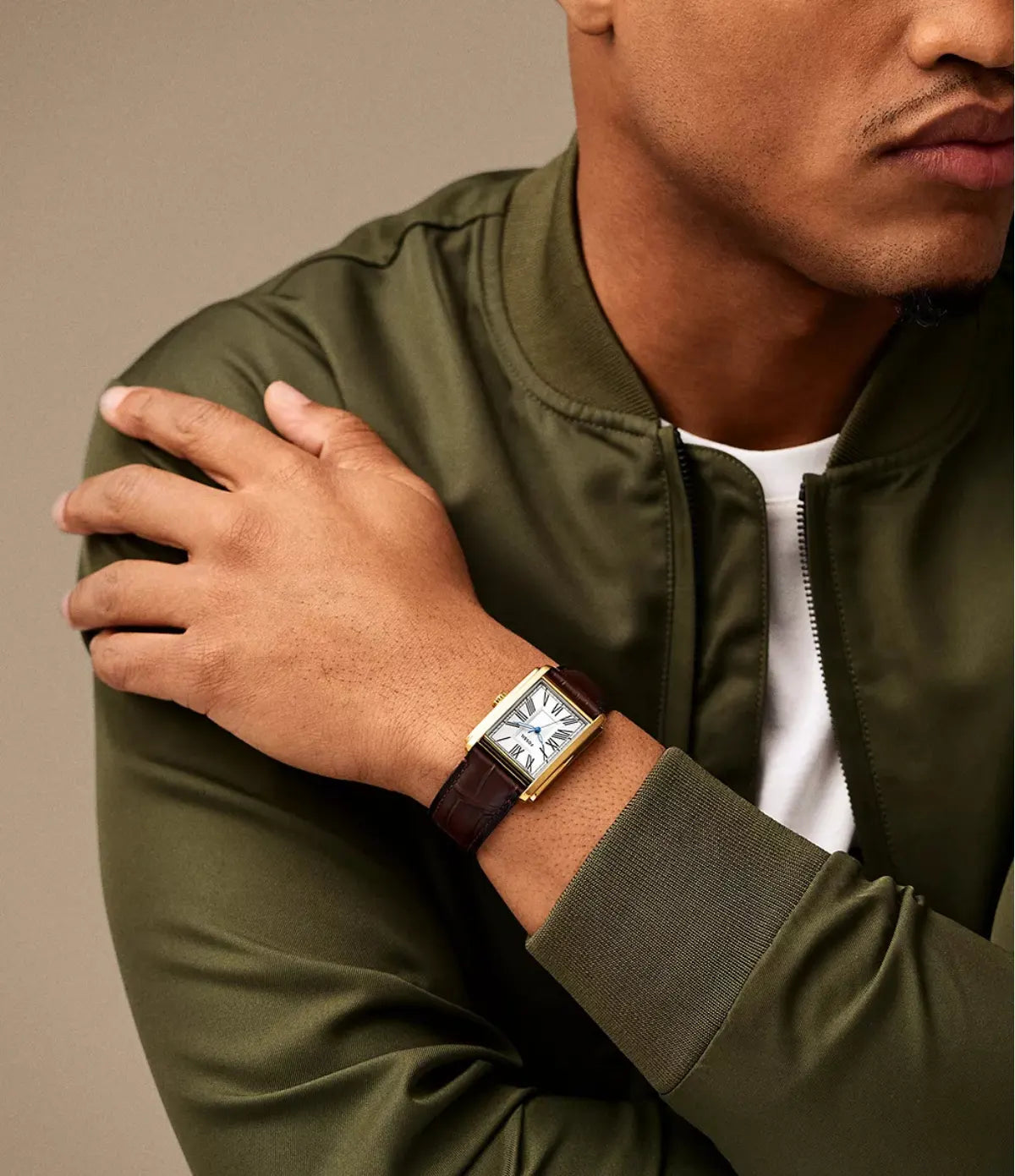 Fossil Carraway FS6011 on-wrist lifestyle view, 30mm quartz three-hand watch with brown croco-embossed leather - shop at TimeVault Sri Lanka