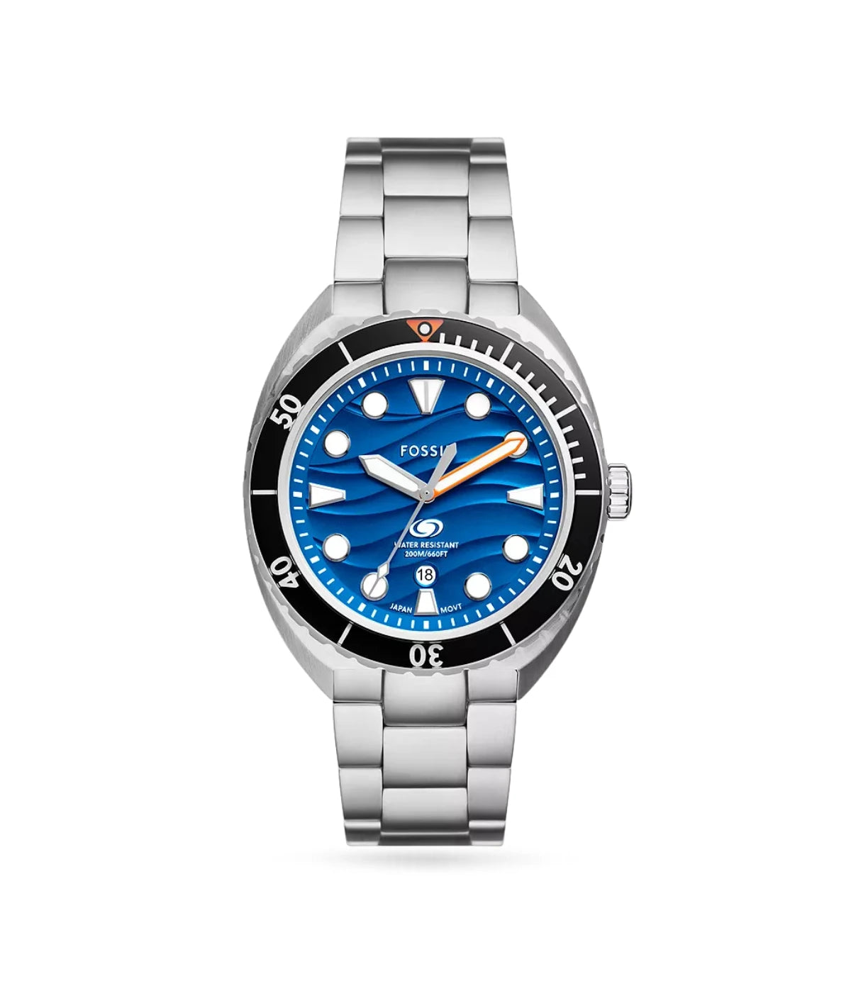 Fossil Breaker 42mm Three-Hand Date Stainless Steel Watch FS6064 front view - men's silver watch with navy blue textured dial, available in Sri Lanka at TimeVault