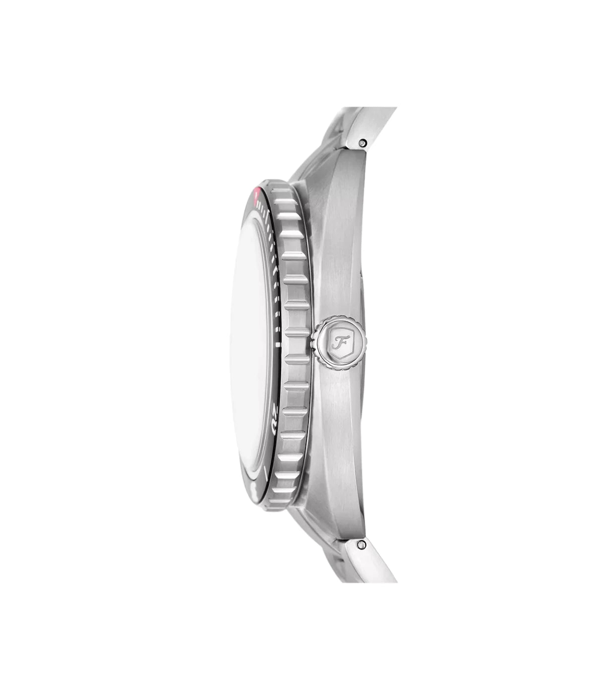 Side profile of the Fossil Breaker FS6064 showing the barrel-shaped stainless steel case and bracelet