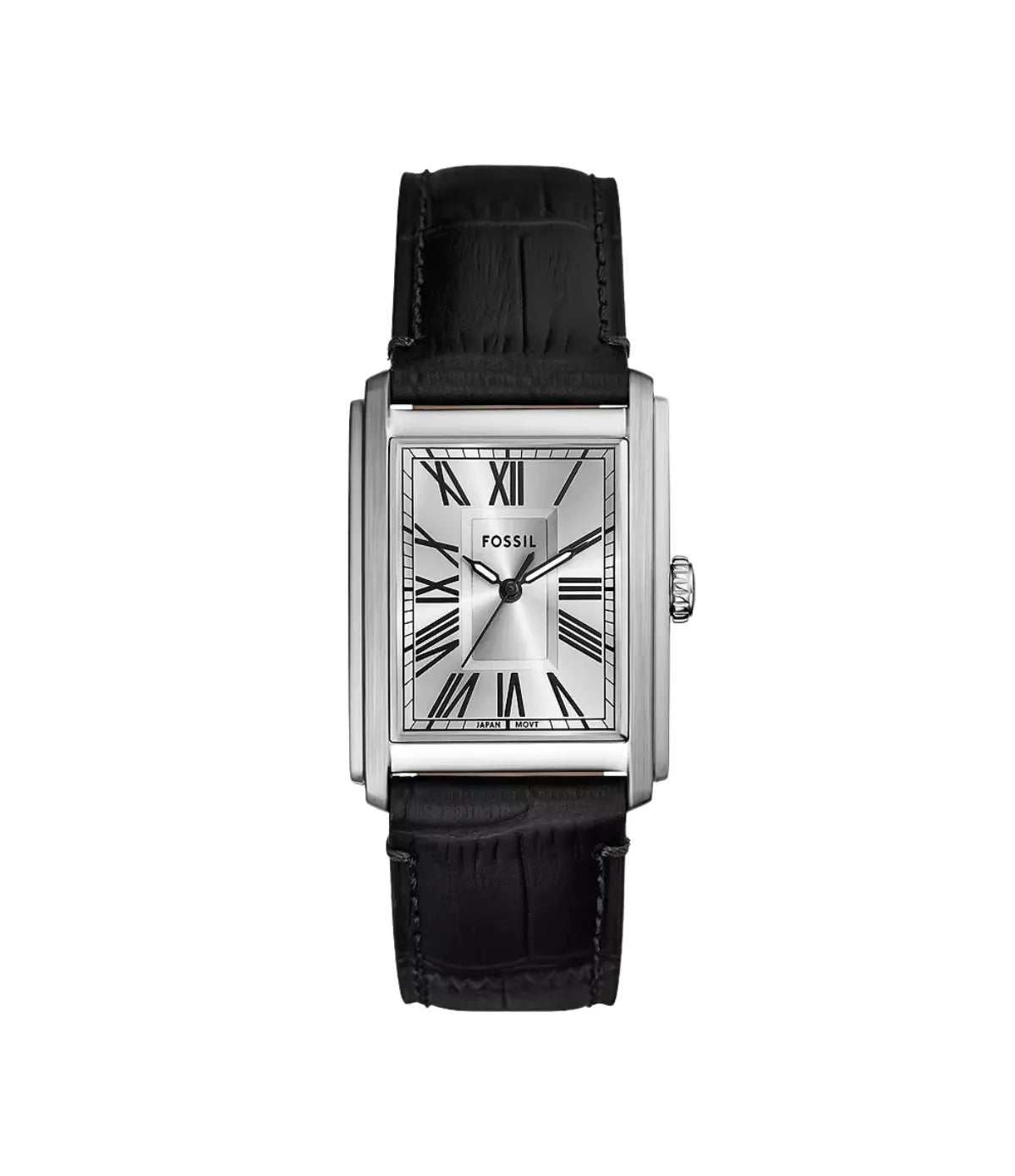 Fossil Carraway FS6078 front view showing the dial, 30mm quartz three-hand watch with black croco-embossed leather - shop at Time Vault Sri Lanka