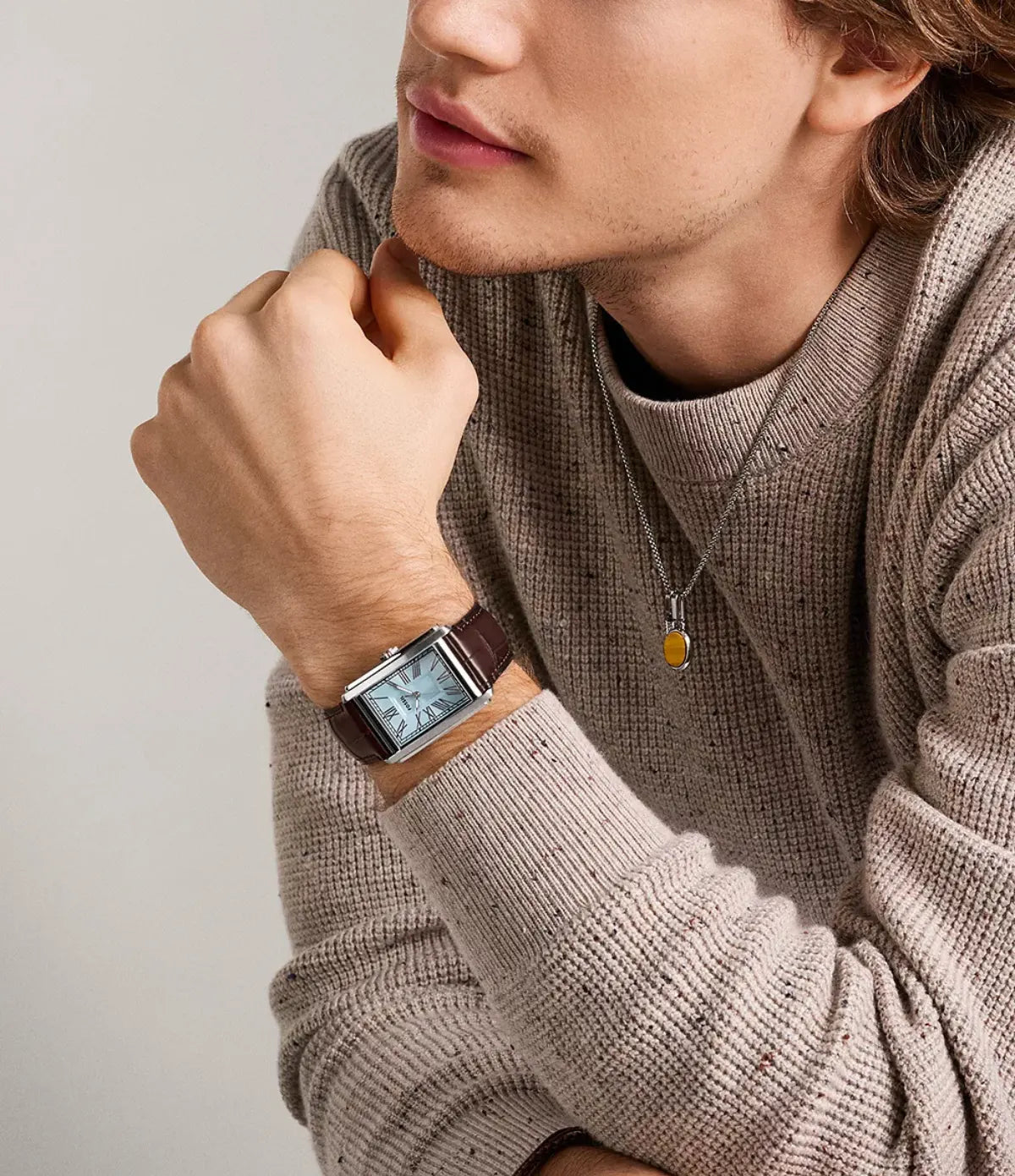 Fossil Carraway FS6110 on-wrist lifestyle view, 30mm quartz three-hand watch with brown croco-embossed leather - shop at TimeVault Sri Lanka
