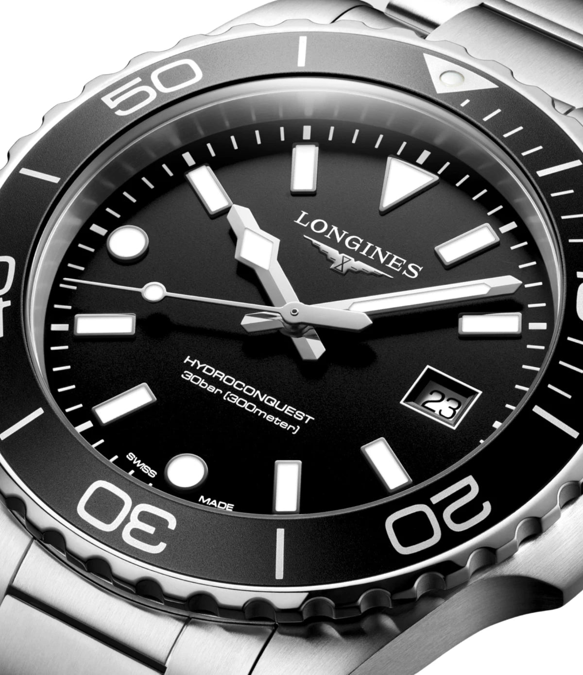Close-up of the black sandblasted dial on the Longines HydroConquest 42mm L3.769.4.56.6 showing Swiss Super-LumiNova indexes