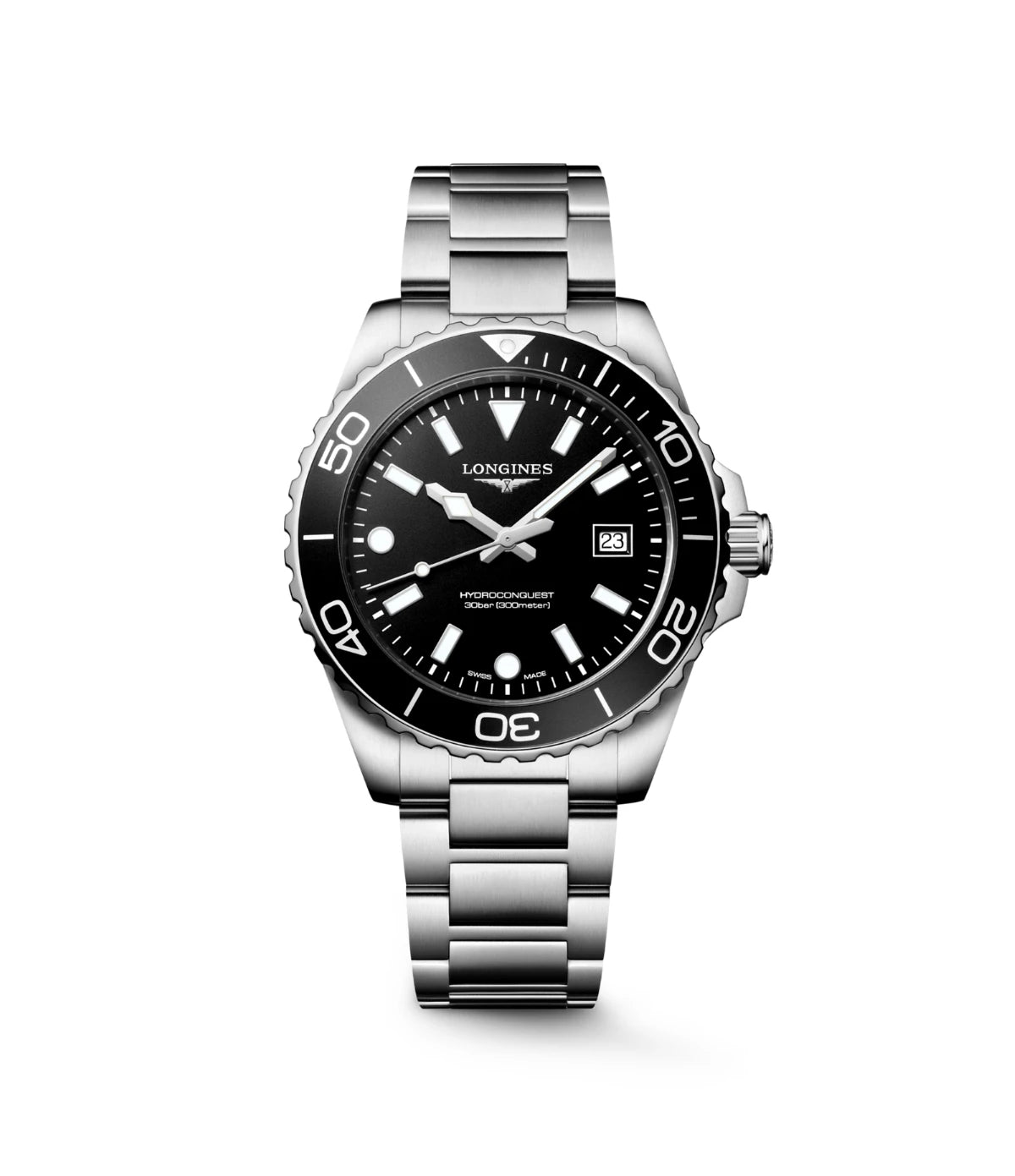 Longines HydroConquest 42mm L3.769.4.56.6 front view - men's stainless steel quartz dive watch with black sandblasted dial, available in Sri Lanka at TimeVault