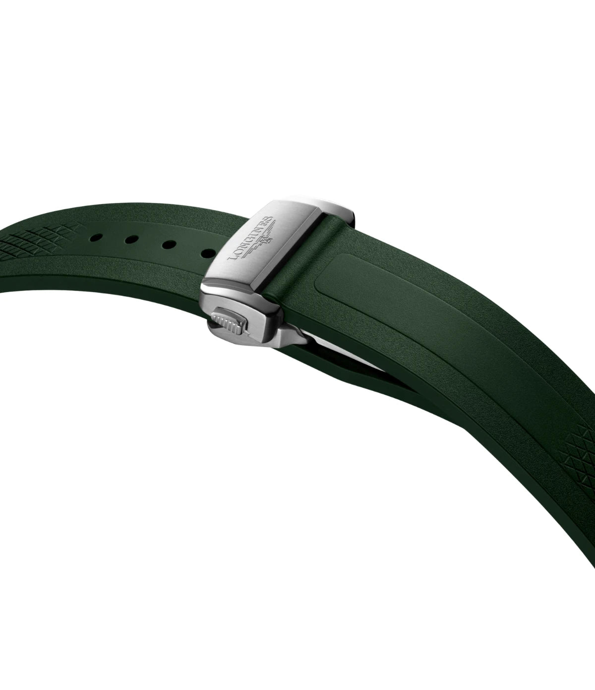 Double security folding clasp on the green rubber strap of the Longines Conquest 41mm L3.830.4.02.9