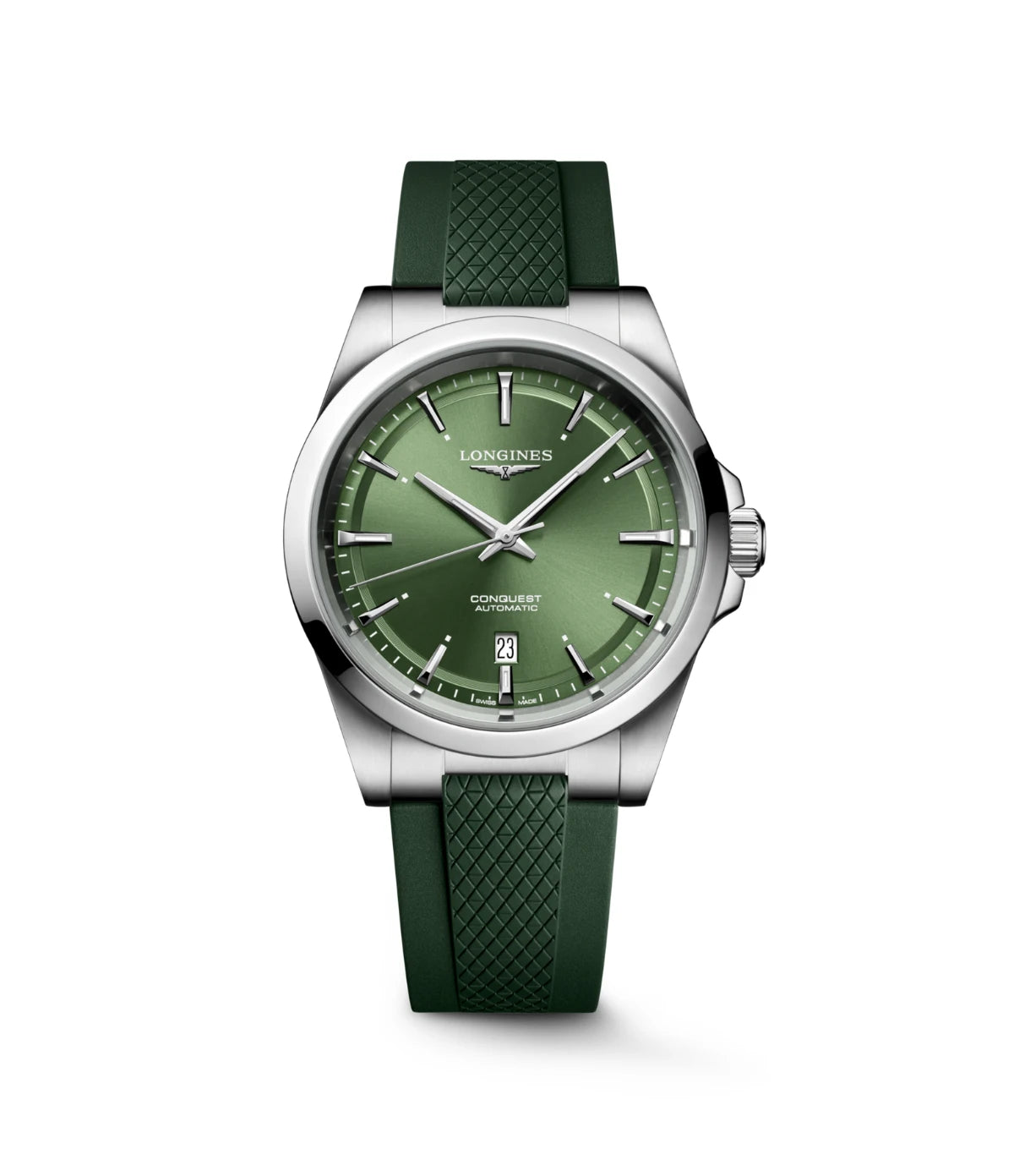 Longines Conquest 41mm L3.830.4.02.9 front view - men's stainless steel automatic watch with sunray green dial and green rubber strap, available in Sri Lanka at TimeVault