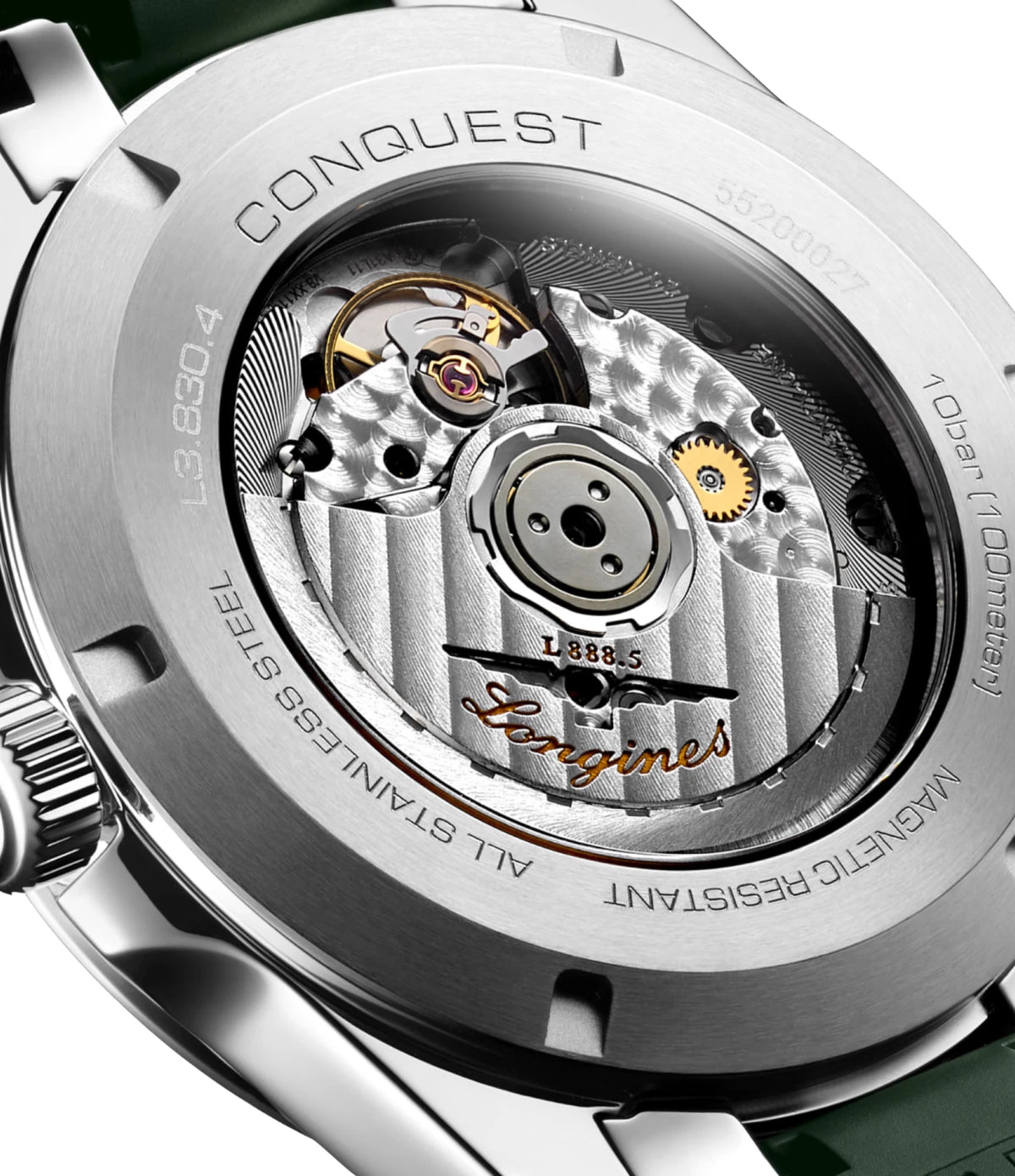 Close-up of the automatic self-winding movement inside the Longines Conquest 41mm L3.830.4.02.9