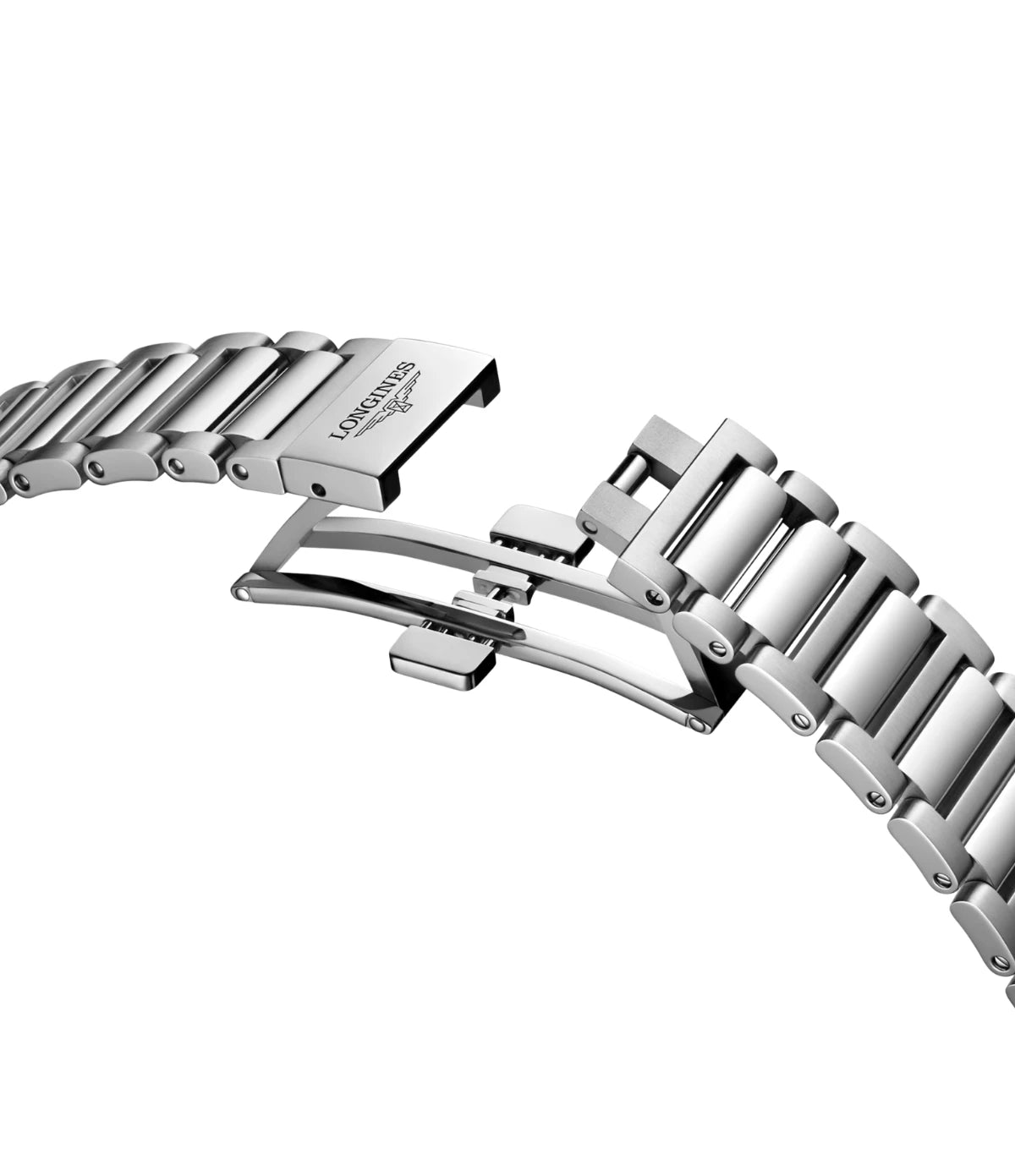 Open view of the triple safety folding clasp with push-piece opening mechanism on the Longines Conquest Chronograph 42mm L3.835.4.02.6