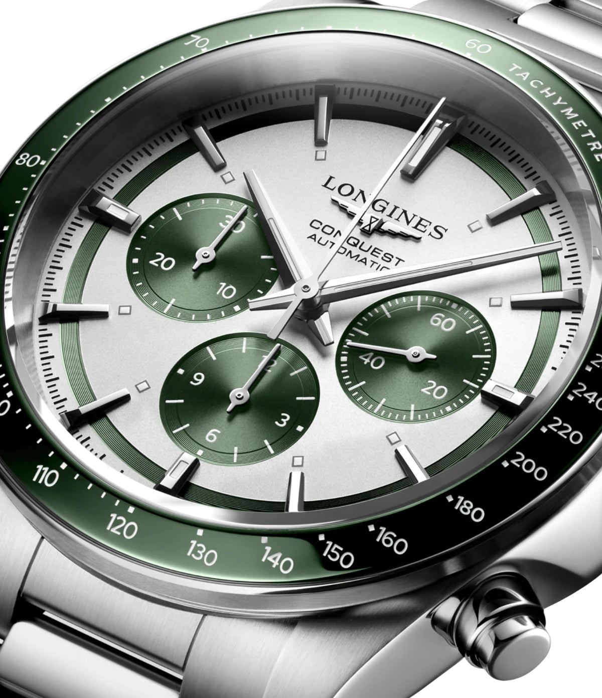 Close-up of the silver matt dial with green counters on the Longines Conquest Chronograph 42mm L3.835.4.02.6 showing Swiss Super-LumiNova indexes