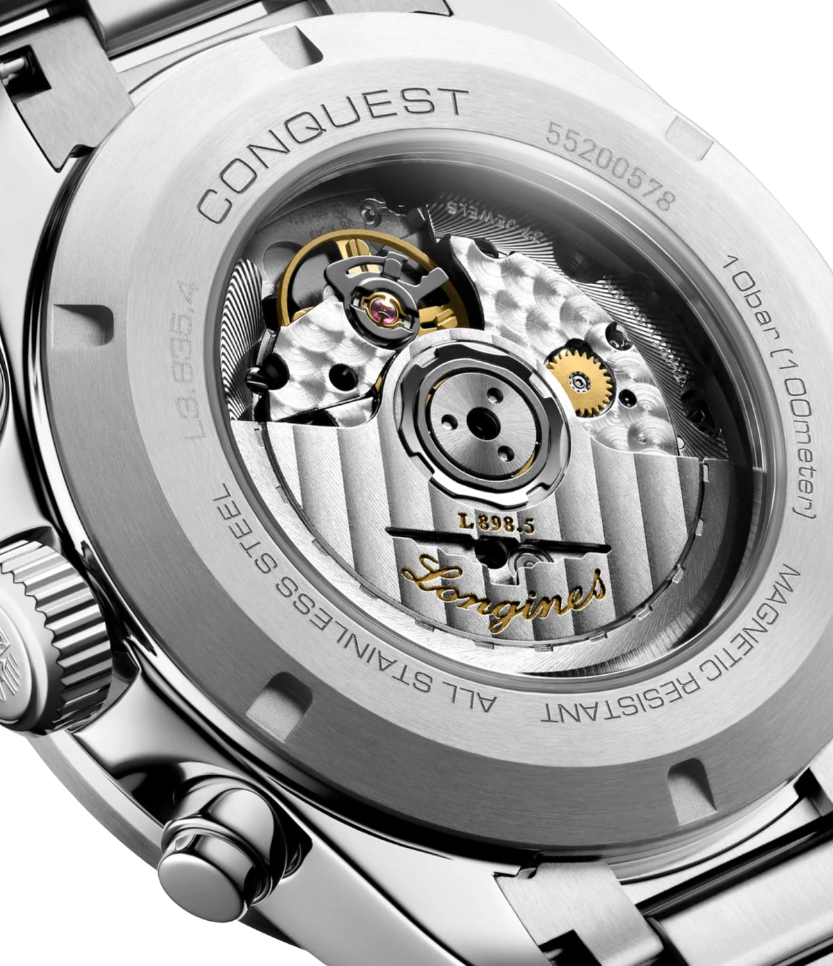 Close-up of the exclusive Longines automatic chronograph calibre inside the Conquest Chronograph 42mm L3.835.4.02.6