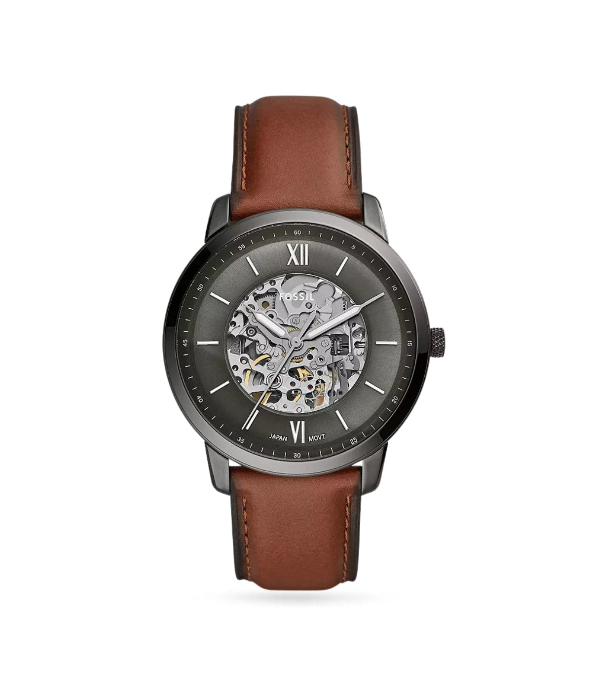 Fossil Neutra 44mm Automatic Amber Leather Watch ME3161 front view - men's stainless steel skeleton watch with grey sunray see-through dial, available in Sri Lanka at TimeVault
