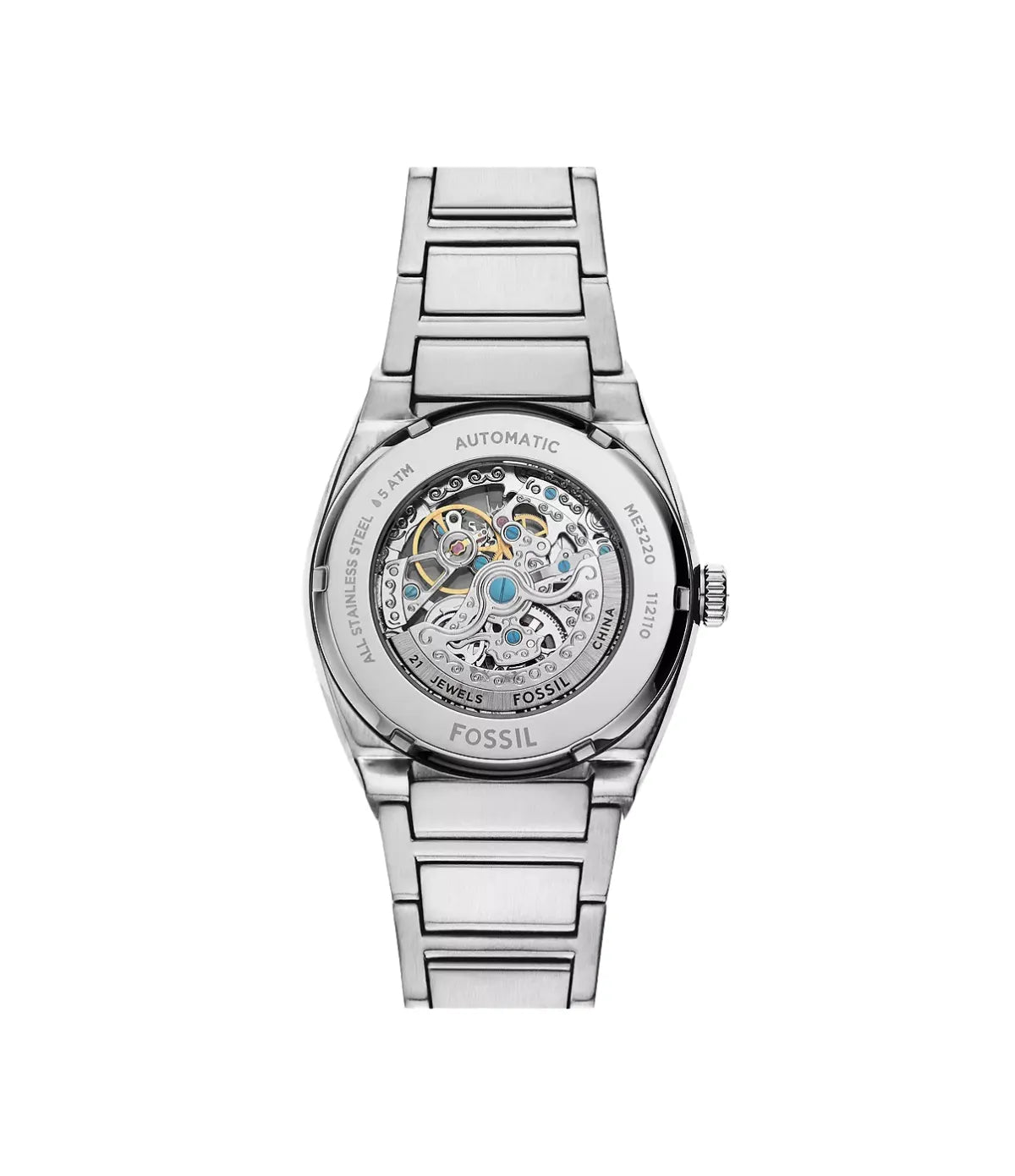 Fossil Everett ME3220 rear view of the caseback, 42mm automatic three-hand watch with stainless steel - shop at time vault Sri Lanka