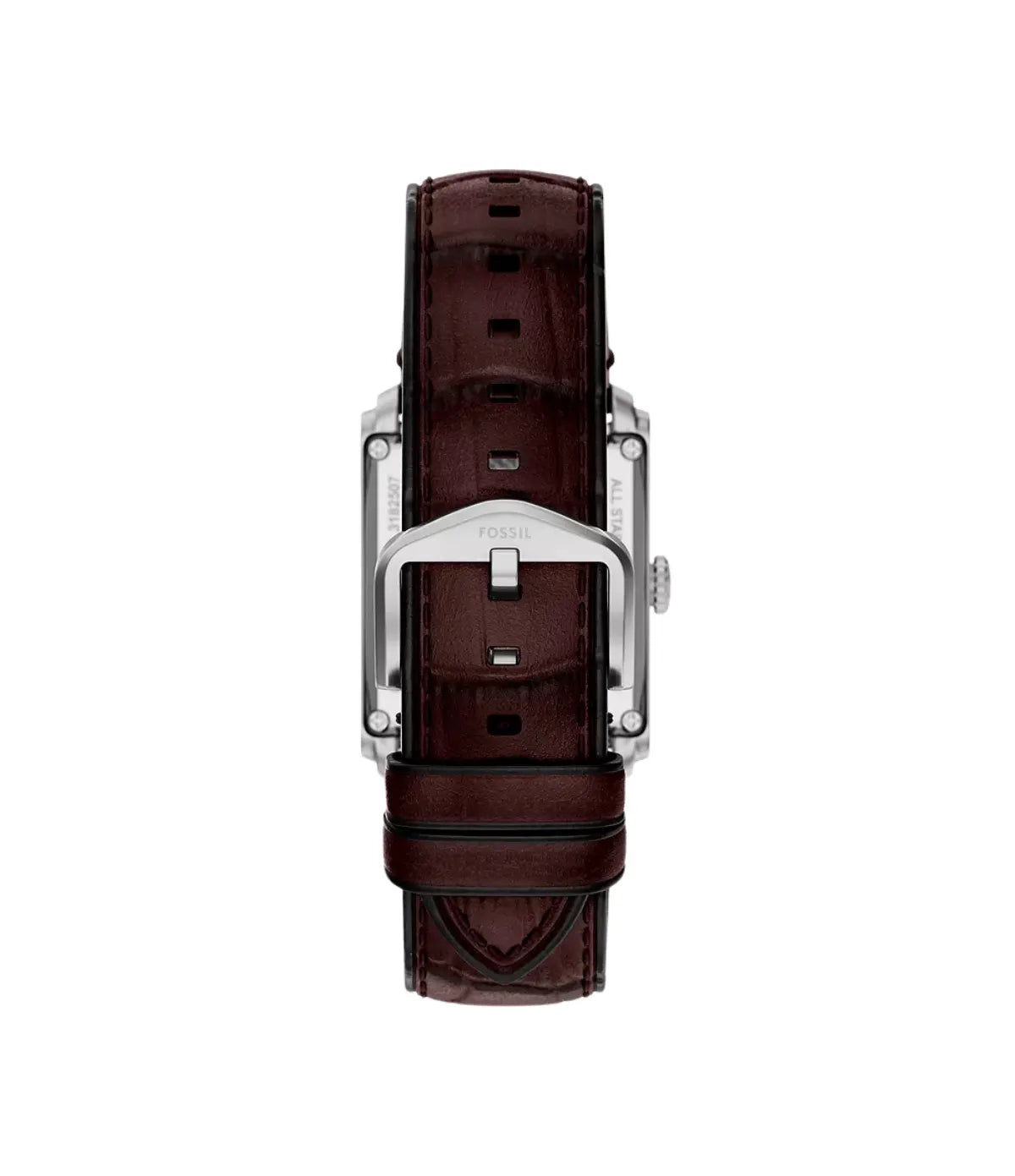 Fossil Carraway ME3272 rear view of the caseback, 30mm automatic three-hand watch with brown croco-embossed leather - shop at time vault Sri Lanka