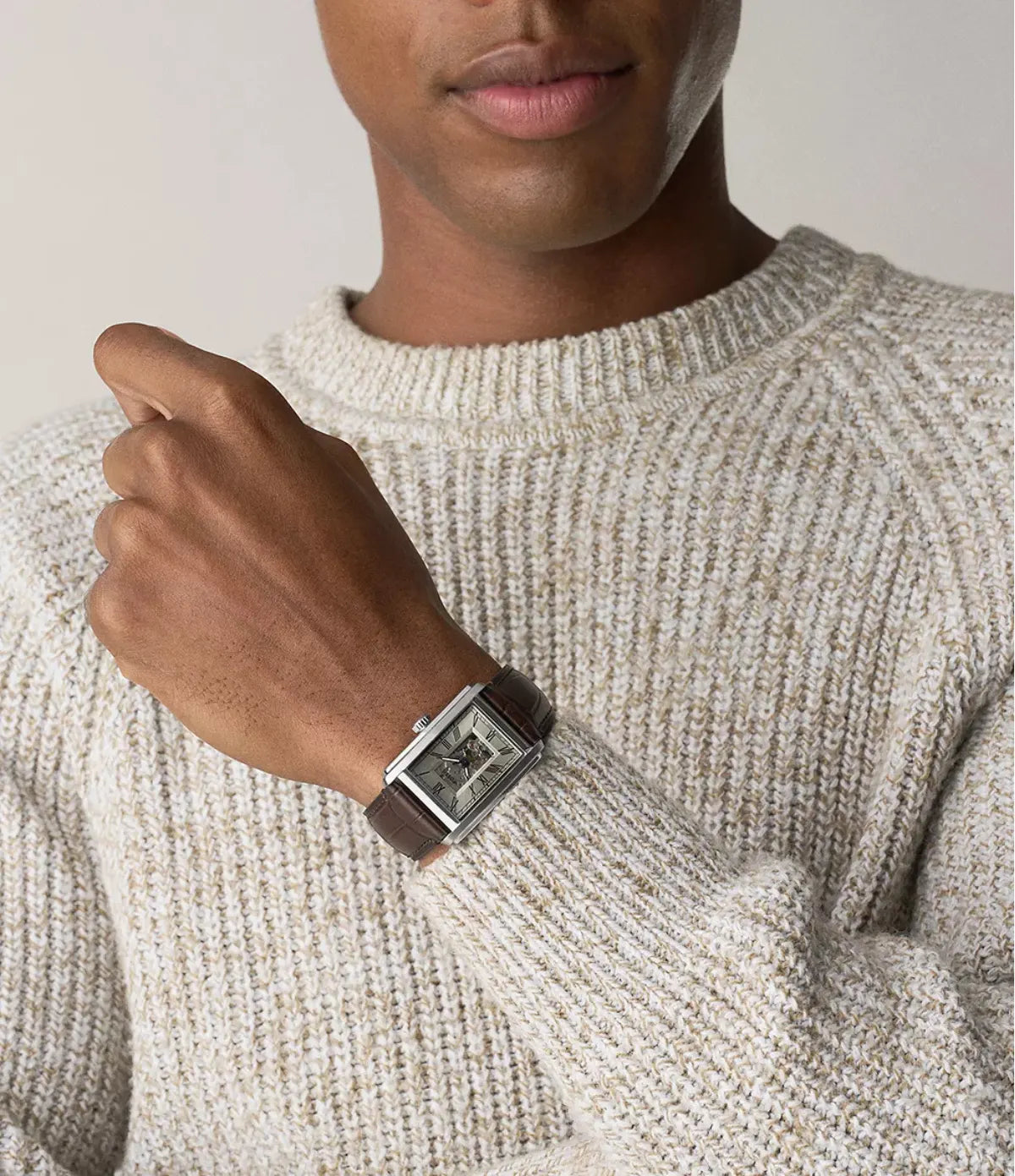 Fossil Carraway ME3272 on-wrist lifestyle view, 30mm automatic three-hand watch with brown croco-embossed leather - shop at TimeVault Sri Lanka