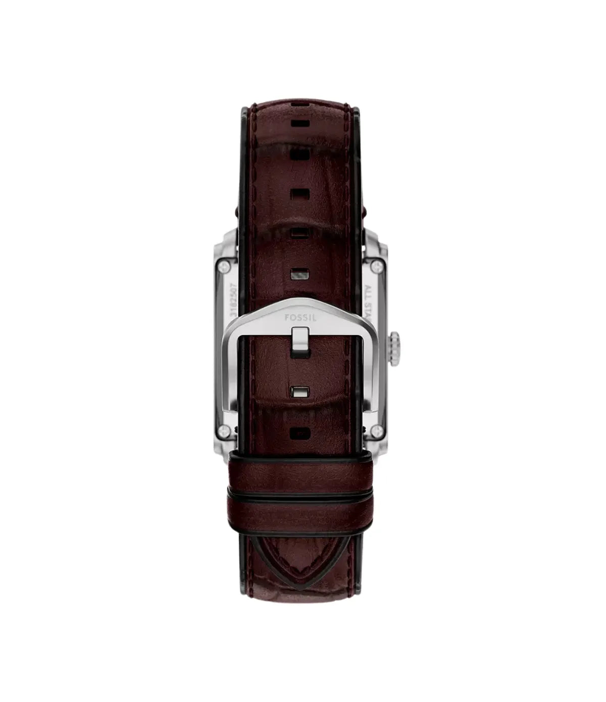 Fossil Carraway ME3273 rear view of the caseback, 30mm automatic three-hand watch with brown croco-embossed leather - shop at time vault Sri Lanka