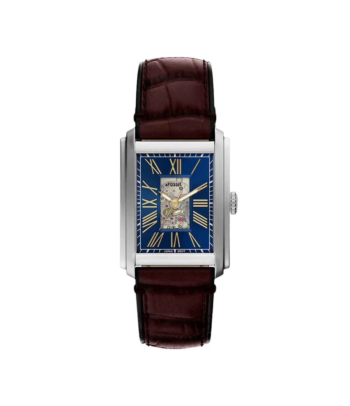 Fossil Carraway ME3273 front view showing the dial, 30mm automatic three-hand watch with brown croco-embossed leather - shop at Time Vault Sri Lanka