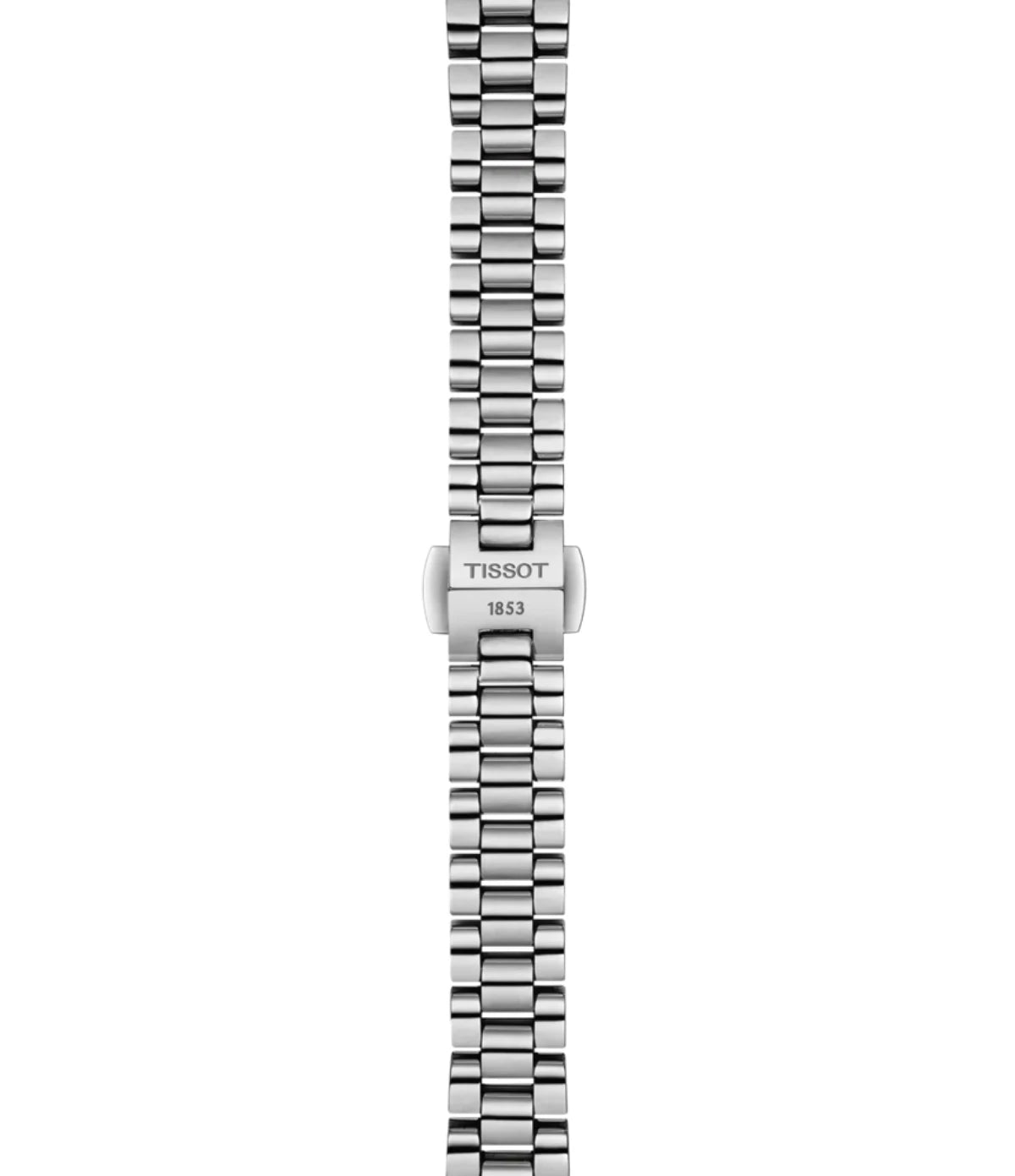 Close-up of the grey stainless steel bracelet on the Tissot Desir 28mm T1520101111600 with butterfly clasp