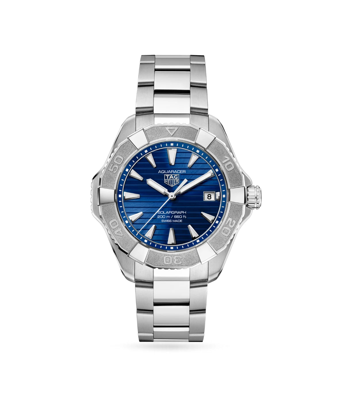 TAG Heuer Aquaracer Professional 200 Solargraph WBP1117.BA0047 front view - men's 40mm steel solar quartz dive watch with blue sunray dial, available in Sri Lanka at TimeVault