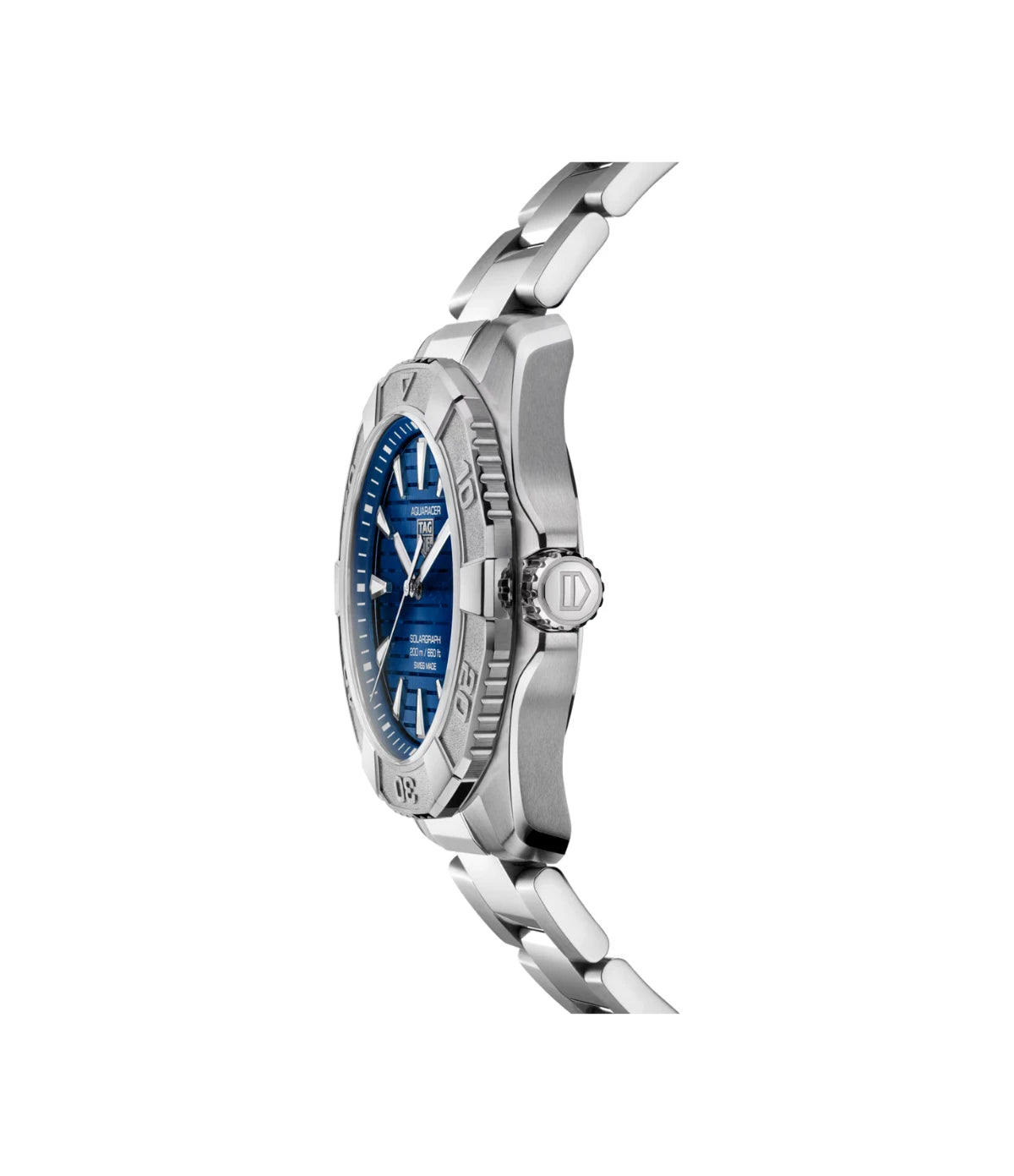 Side profile of the TAG Heuer Aquaracer Professional 200 Solargraph WBP1117.BA0047 showing unidirectional turning steel bezel and screw-down crown