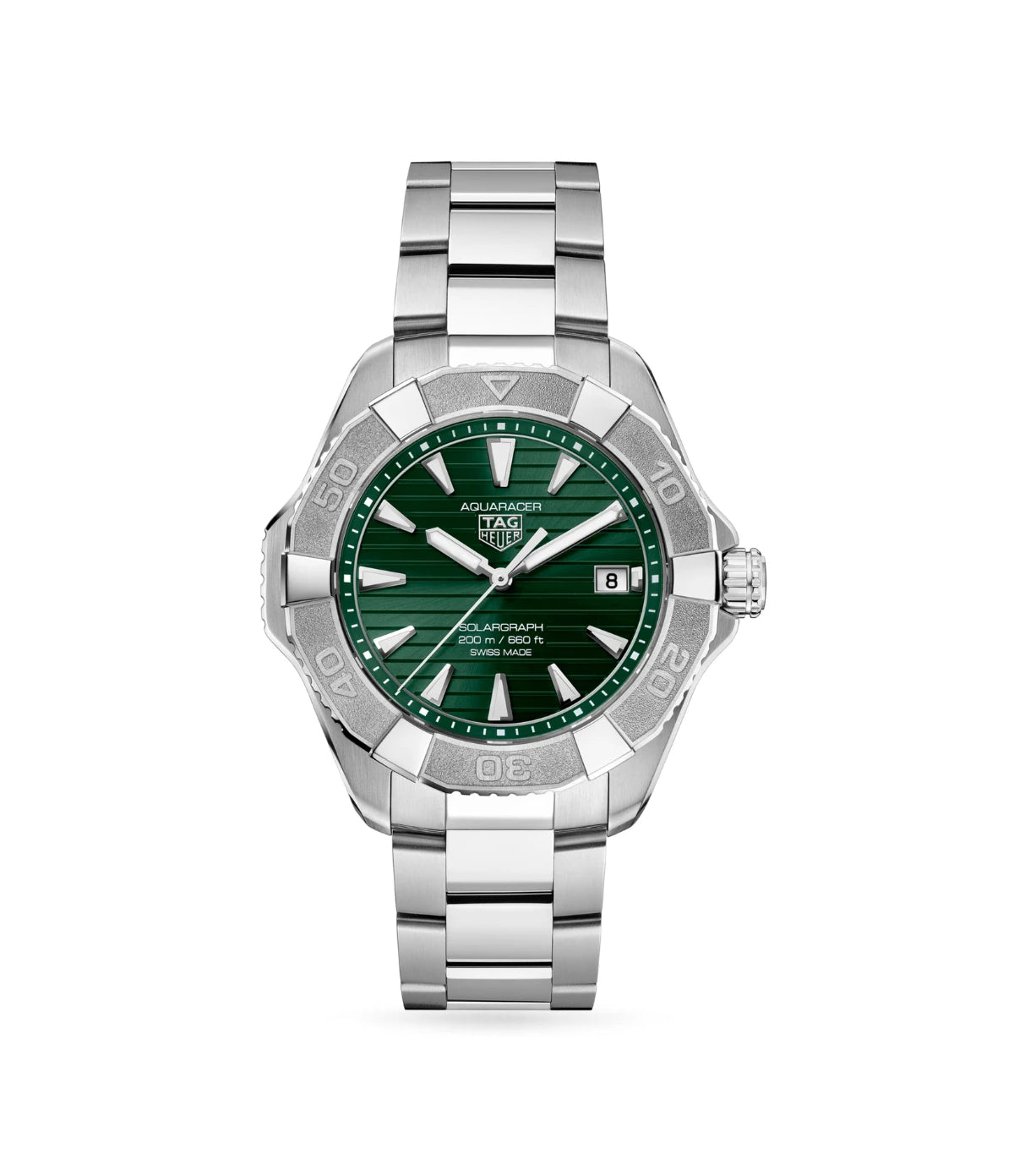 TAG Heuer Aquaracer Professional 200 Solargraph WBP1118.BA0047 front view - men's 40mm steel solar quartz dive watch with green sunray dial, available in Sri Lanka at TimeVault