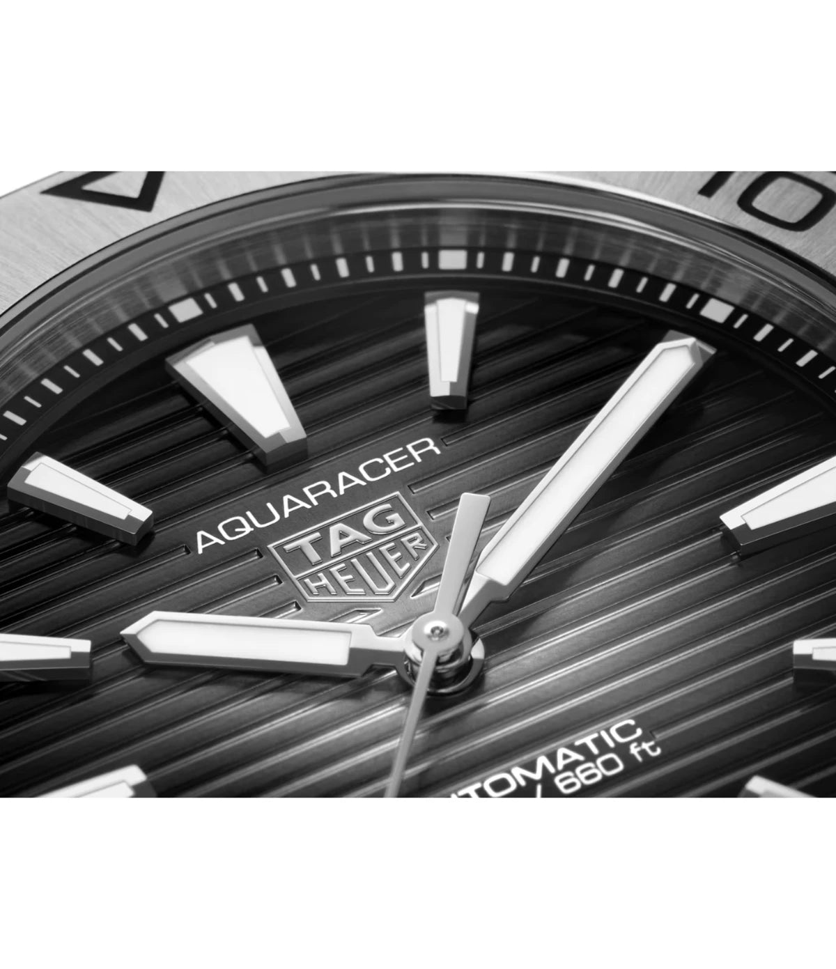 Close-up of the black and grey sunray dial on the TAG Heuer Aquaracer Professional 200 Date WBP2110.BA0627