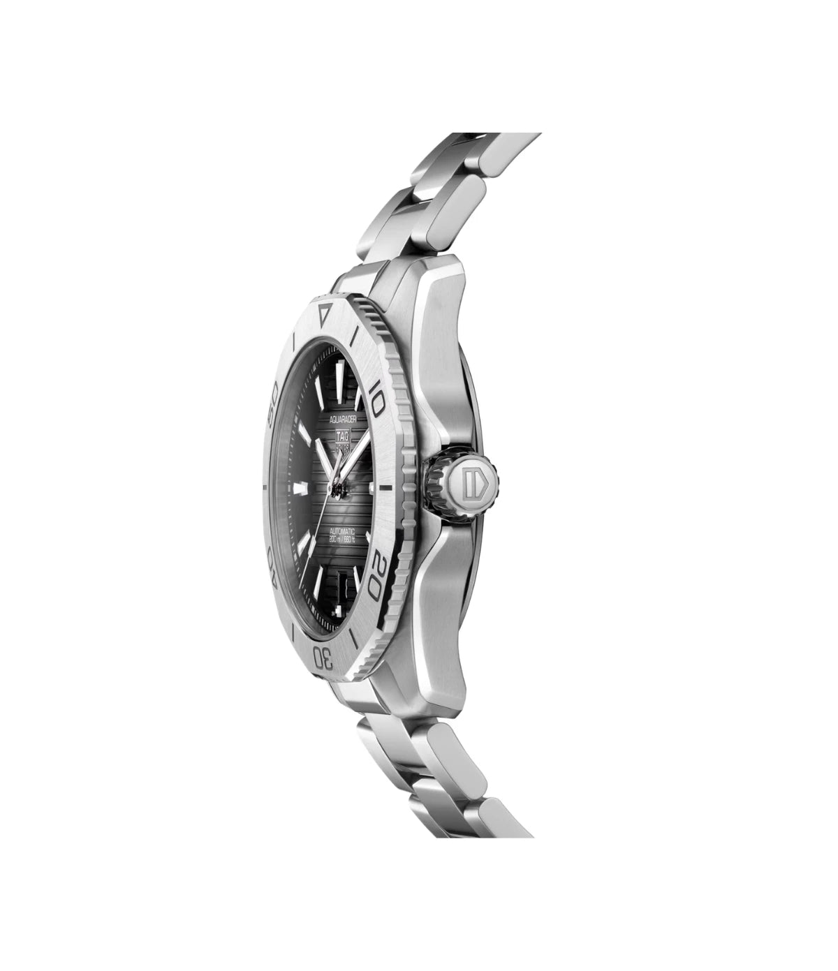 Side profile of the TAG Heuer Aquaracer Professional 200 Date WBP2110.BA0627 showing the thin, tapered steel bracelet and case thickness
