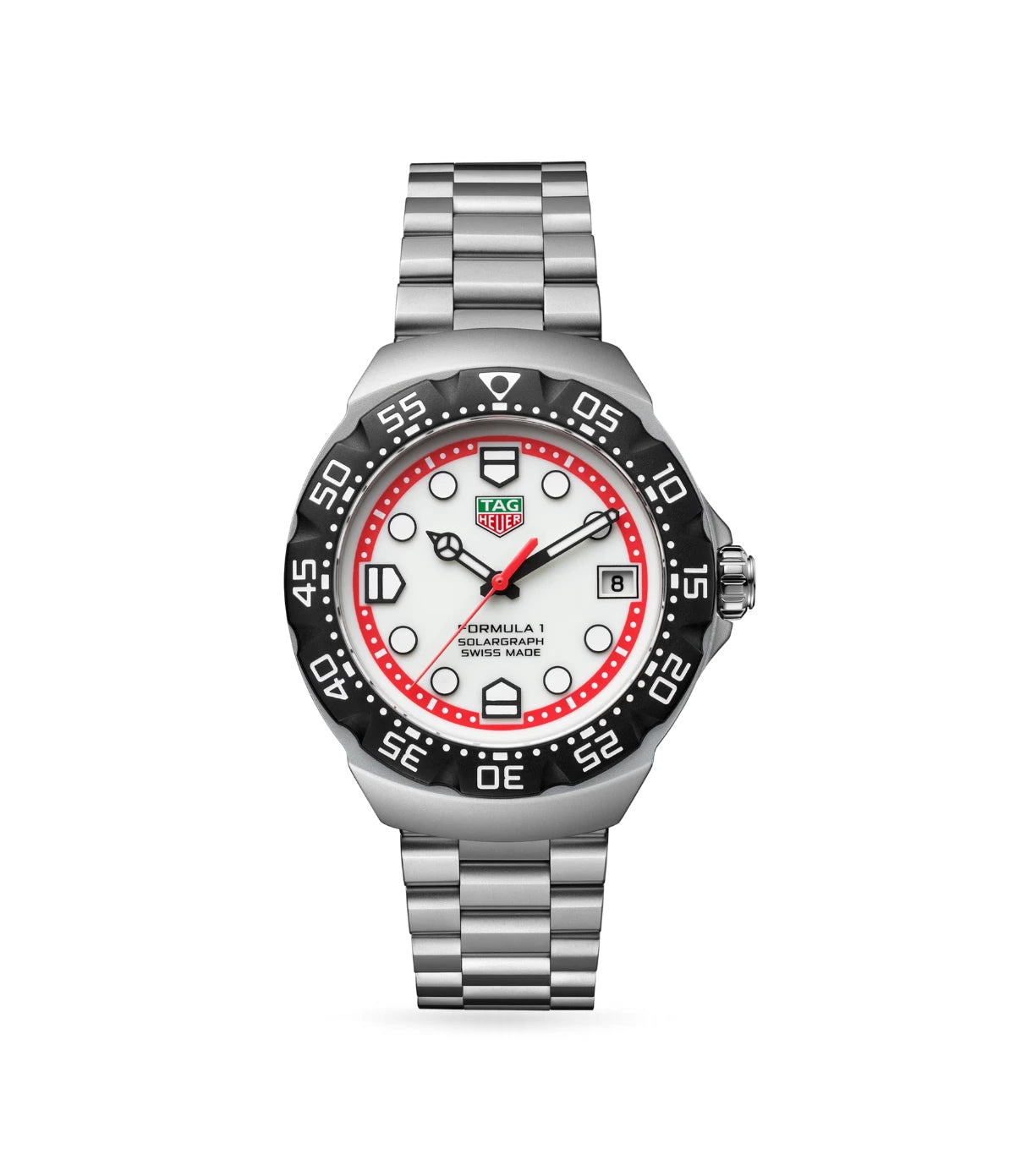 TAG Heuer Formula 1 Solargraph WBY1111.BA0042 front view - men's 38mm steel solar quartz watch with white opalin dial and red flange, available in Sri Lanka at TimeVault