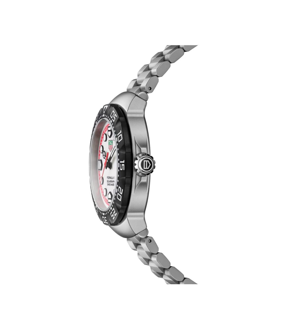 Side profile of the TAG Heuer Formula 1 Solargraph WBY1111.BA0042 showing sand-blasted steel case and black TH-Polylight turning bezel