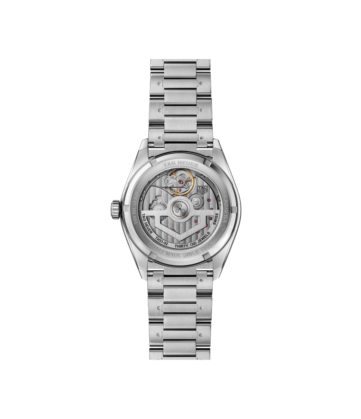 Sapphire caseback of the TAG Heuer Carrera Day-Date WDA2112.BA0043 showing the engraved Victory Wreath emblem