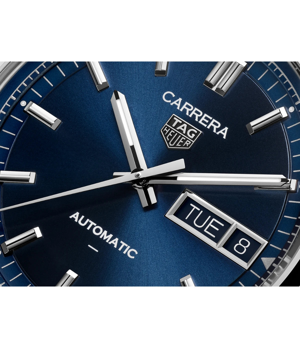 Close-up of the blue sunray-brushed dial on the TAG Heuer Carrera Day-Date WDA2112.BA0043 showing rhodium-plated indexes and day-date display