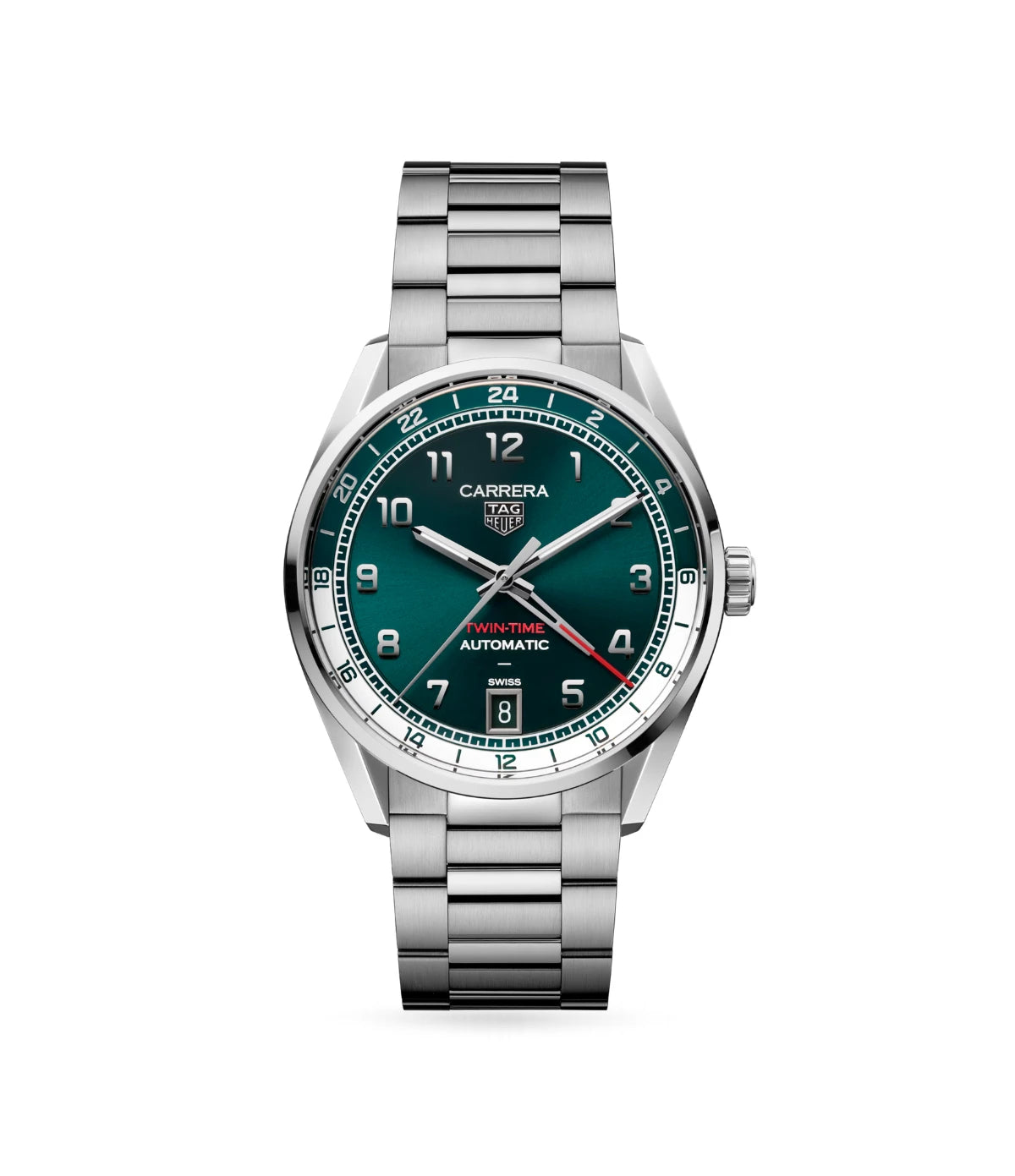 TAG Heuer Carrera Date Twin-Time WDA2114.BA0043 front view - men's luxury 41mm steel automatic GMT watch with sunray teal green dial, available in Sri Lanka at TimeVault
