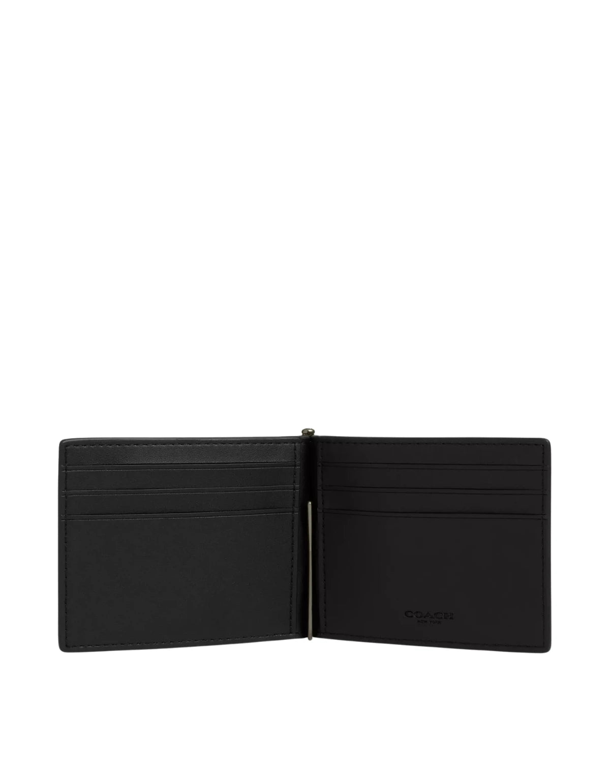 Open view of the Coach Slim Money Clip Billfold Wallet CH090 showing six credit card slots and built-in money clip for cash storage