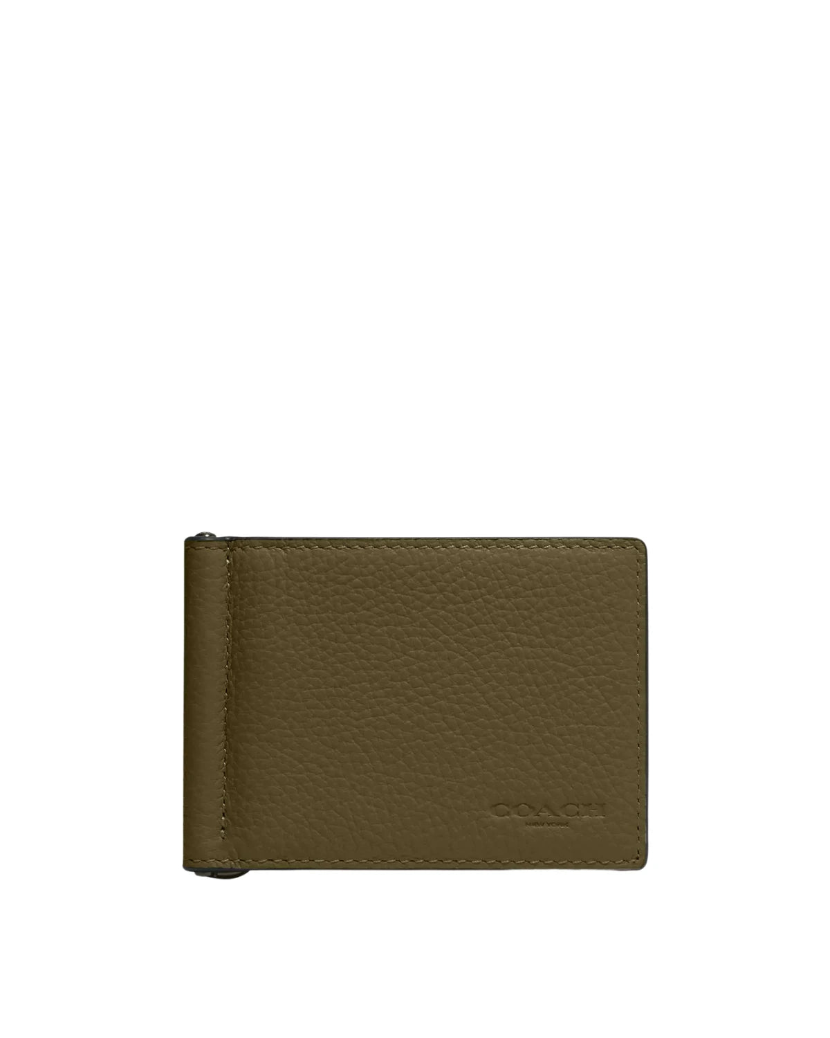 Coach Slim Money Clip Billfold Wallet CH090 front view - men's refined pebble leather slim bifold wallet in olive, available in Sri Lanka at TimeVault LK