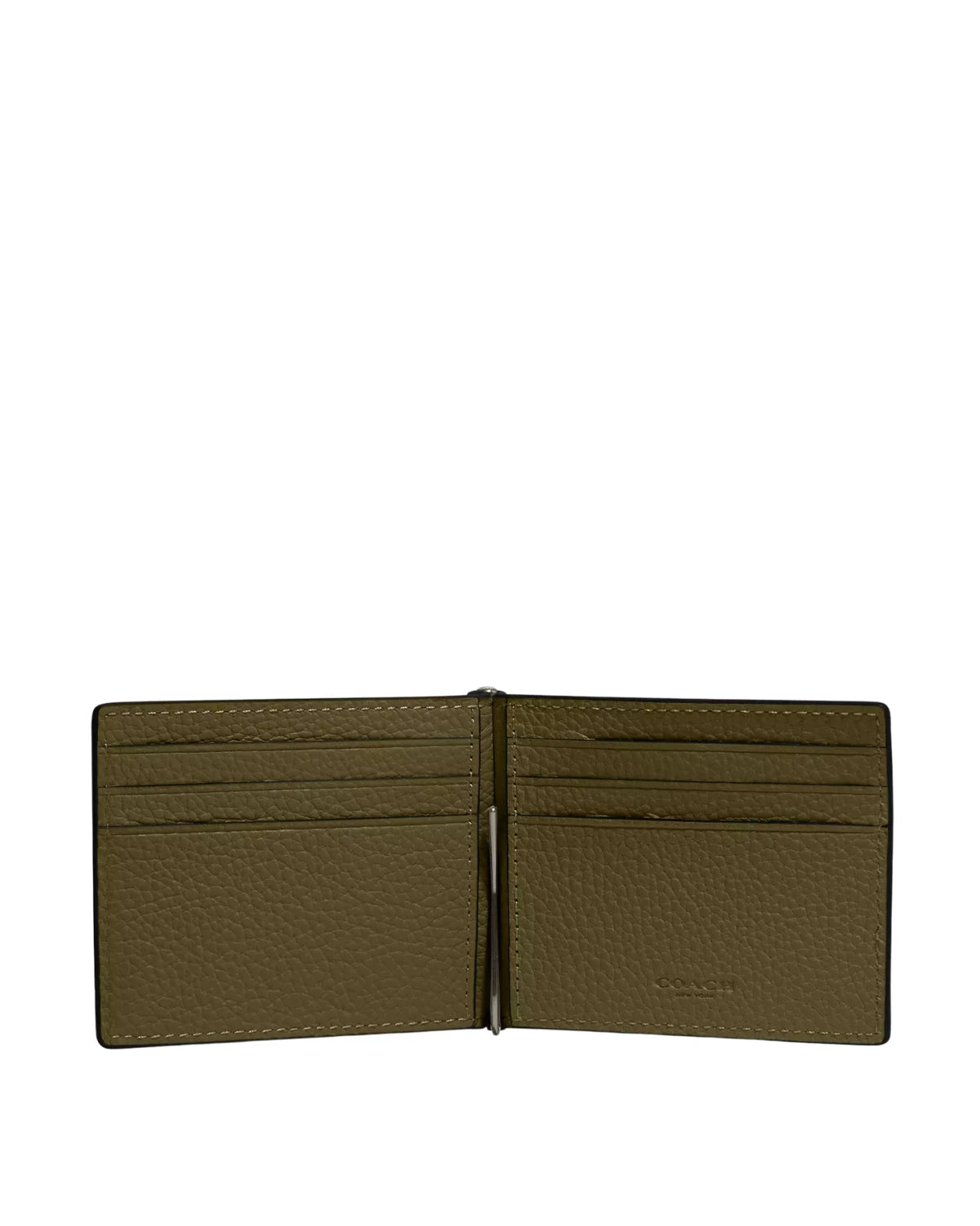 Open view of the Coach Slim Money Clip Billfold Wallet CH090 showing six credit card slots and built-in money clip for cash storage
