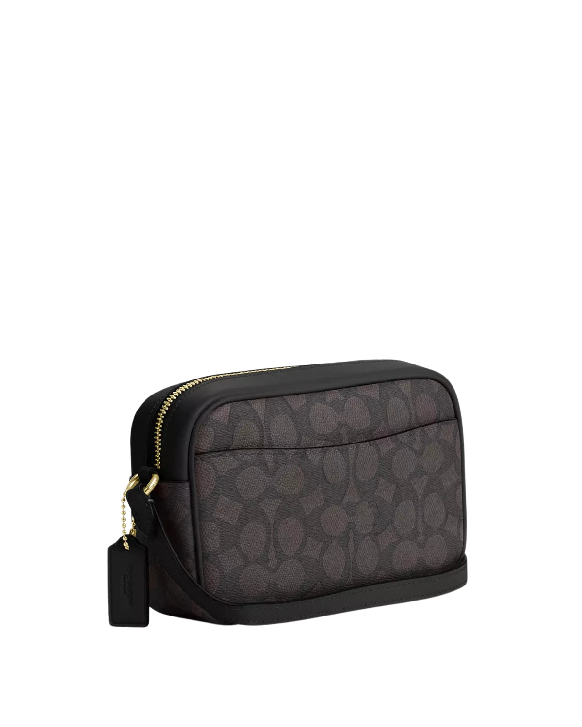 Side profile of the Coach Mini Jamie Camera Bag CY752 showing signature canvas texture and slim structured silhouette with adjustable crossbody strap