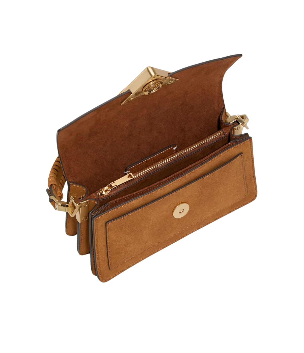 Open view of the Aldo Luxehandle Shoulder Bag in cognac showing the interior compartment
