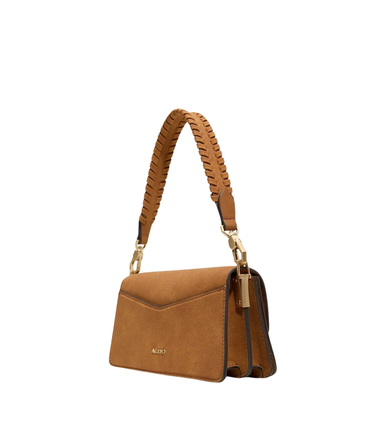 Side profile of the Aldo Luxehandle Shoulder Bag in cognac showing the textured handle and sleek metal closure