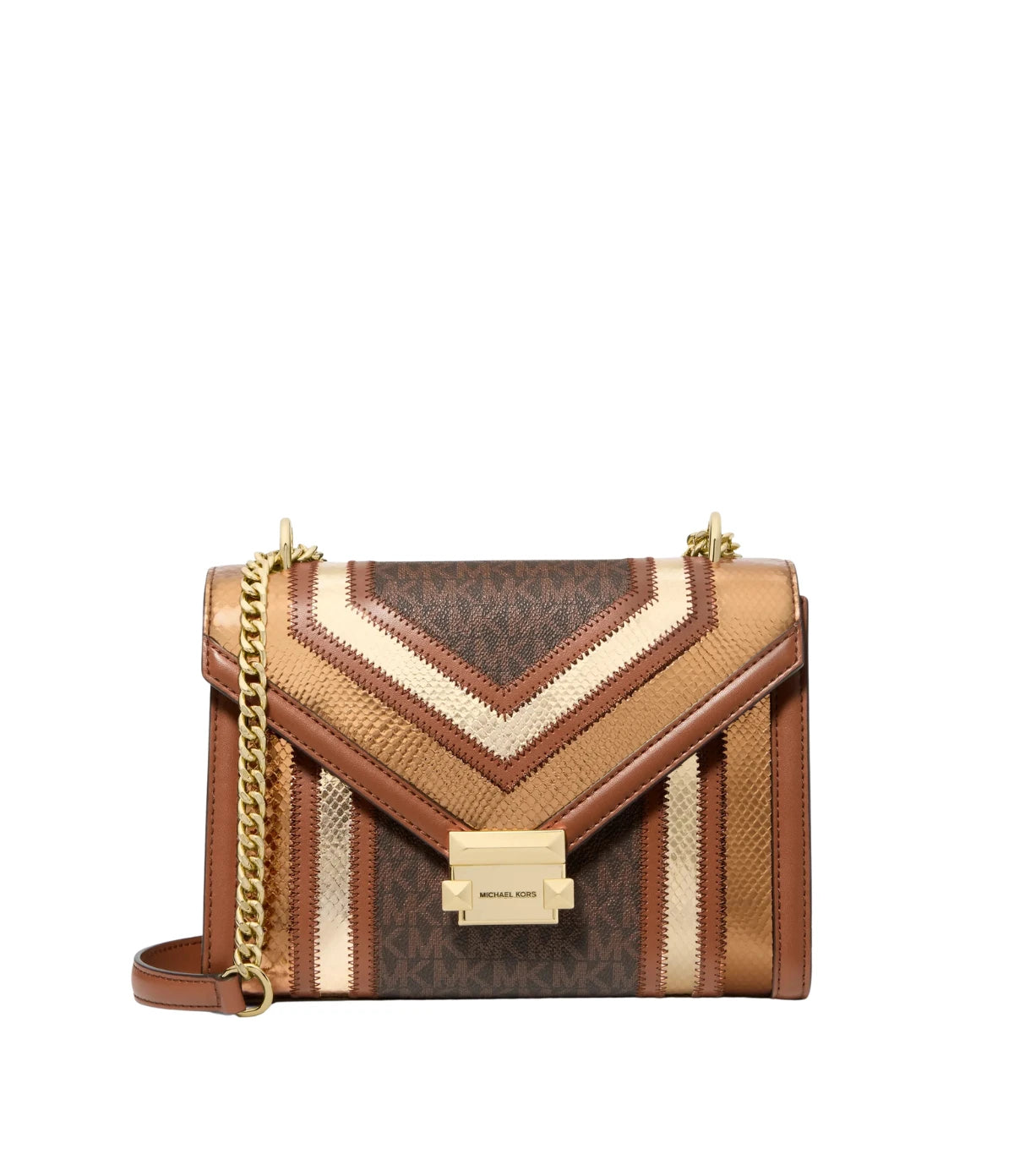 Michael Kors Whitney Medium Signature Logo and Metallic Shoulder Bag 35F4GWHL6M front view - women's luggage multi signature print bag with snake-embossed trim, available in Sri Lanka at Time Vault