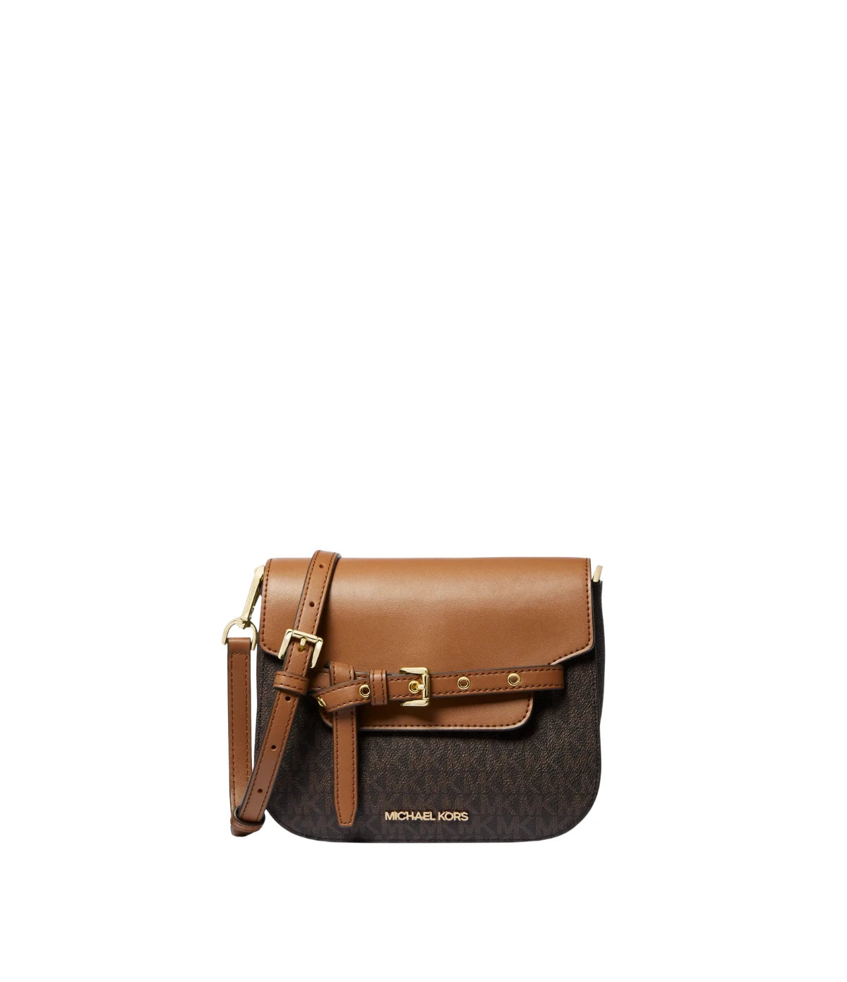 Michael Kors Emilia Small Logo Crossbody Bag 35S2GU5C1B front view - women's brown saddle-shaped bag in signature logo print, available in Sri Lanka at Time Vault