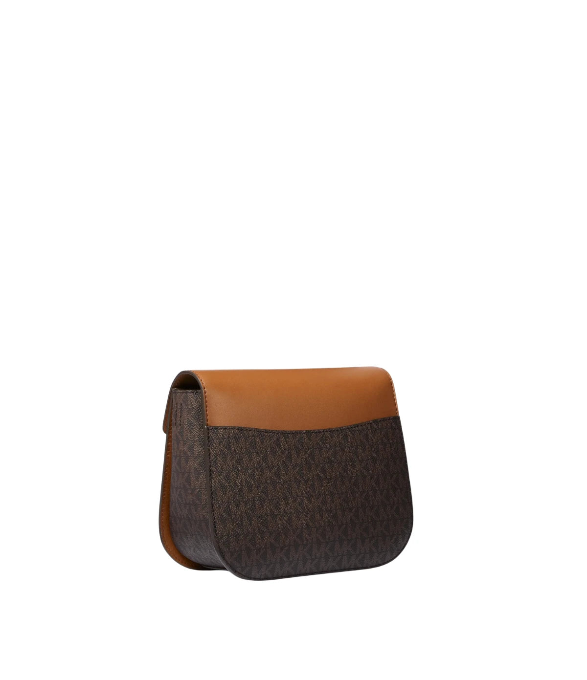 Side profile of the Michael Kors Emilia Small Crossbody Bag 35S2GU5C1B showing the belted saddle silhouette and faux leather trim