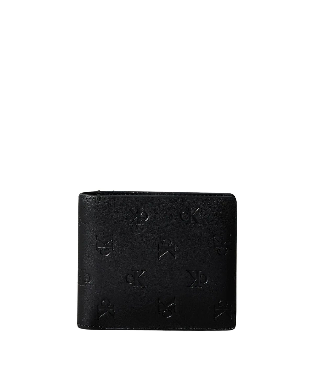 Front view of the Calvin Klein Allover Monogram Logo Bifold Wallet with Coin Pouch showcasing the signature allover CK monogram pattern and compact bifold design.