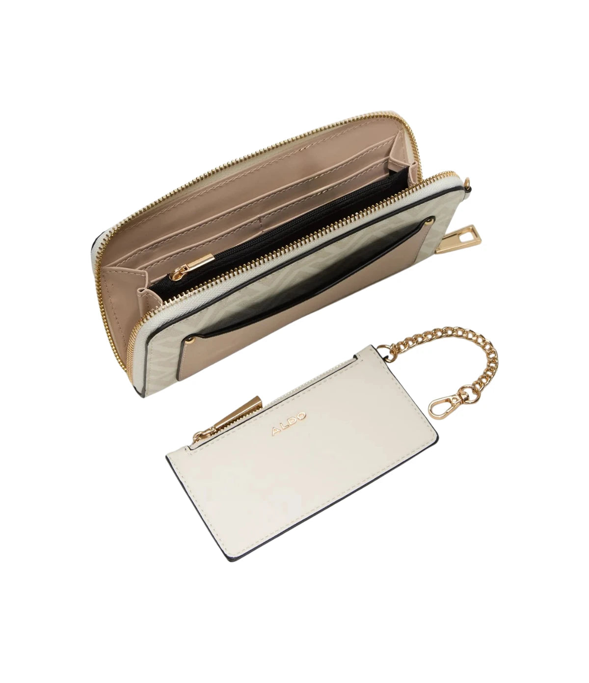 Open view of the Aldo Esai Wallet in light pink showing multi-card slots and the detachable card holder