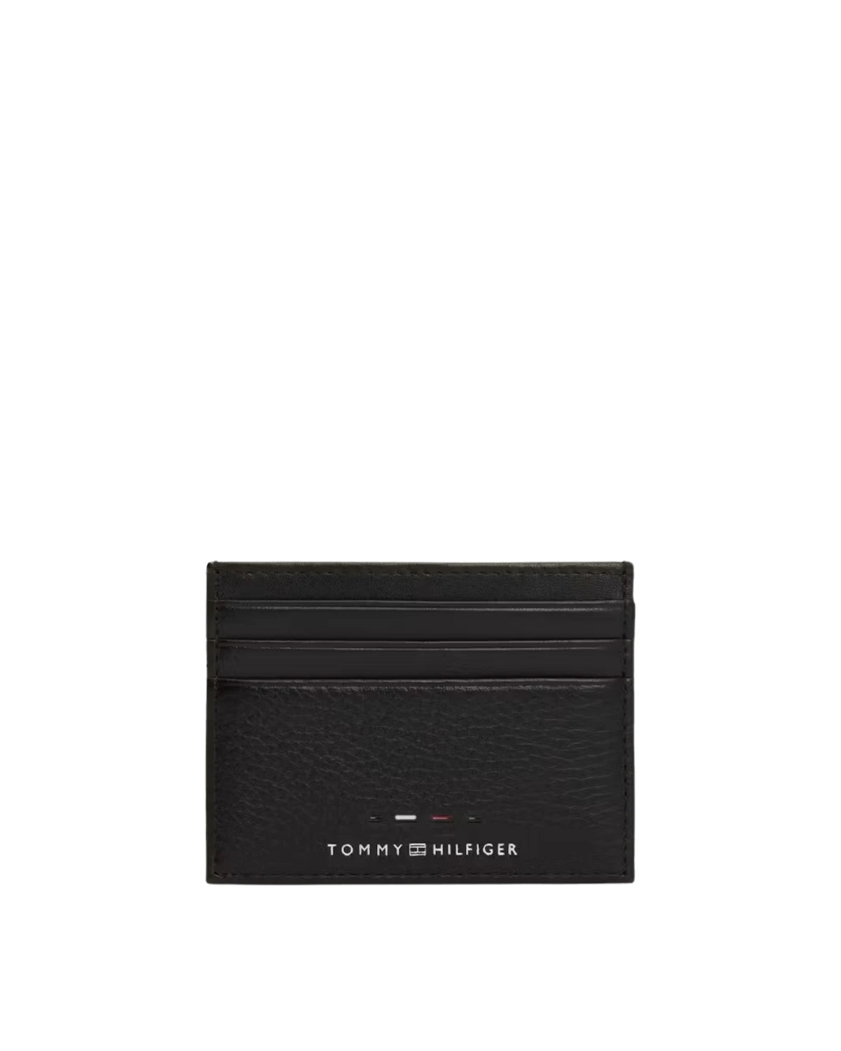 Tommy Hilfiger Premium Leather Logo Credit Card Holder AM0AM12764BDS front view - men's mixed texture leather card holder in black, available in Sri Lanka at Time Vault