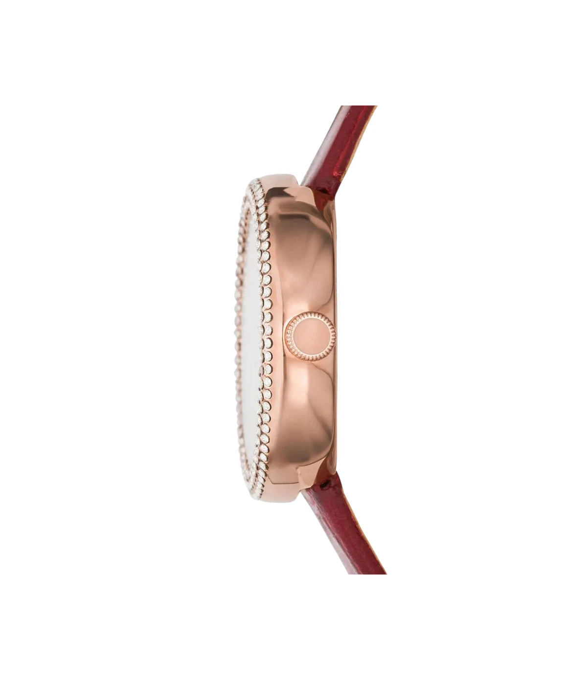 Side profile of the Emporio Armani Rosa AR11357 showing the rose gold case and red genuine leather strap