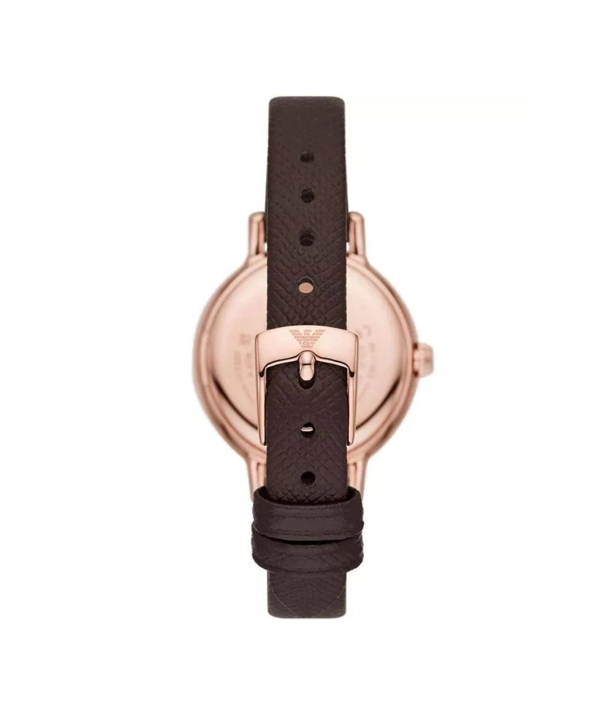 AR11555 Emporio Armani Cleo Pro-Planet Leather Watch back view highlighting the brown saffiano leather strap and engraved case back at time vault