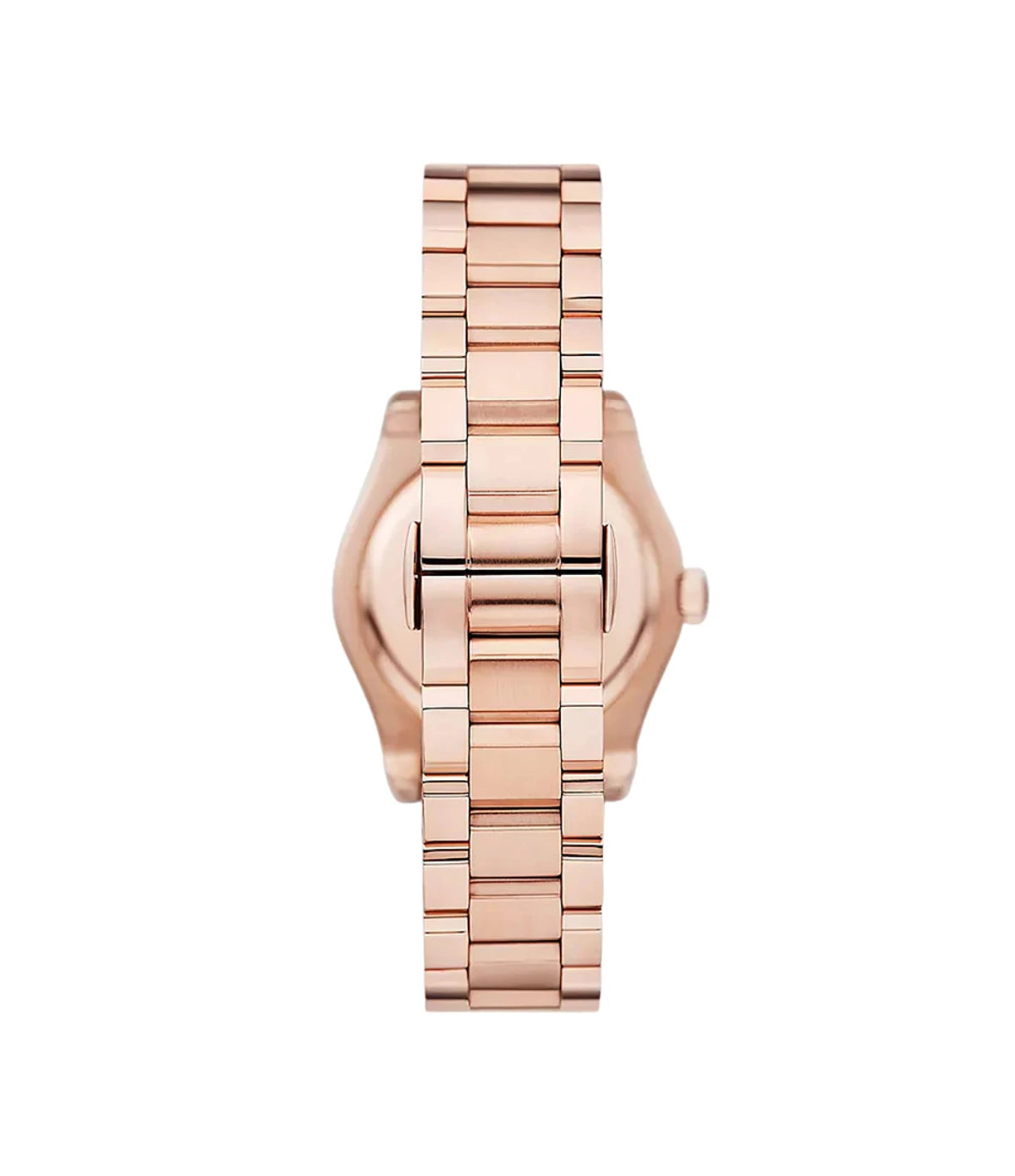 AR11558 Emporio Armani Federica Rose Gold Stainless Steel Watch back view highlighting the rose gold stainless steel bracelet and deployment clasp at time vault
